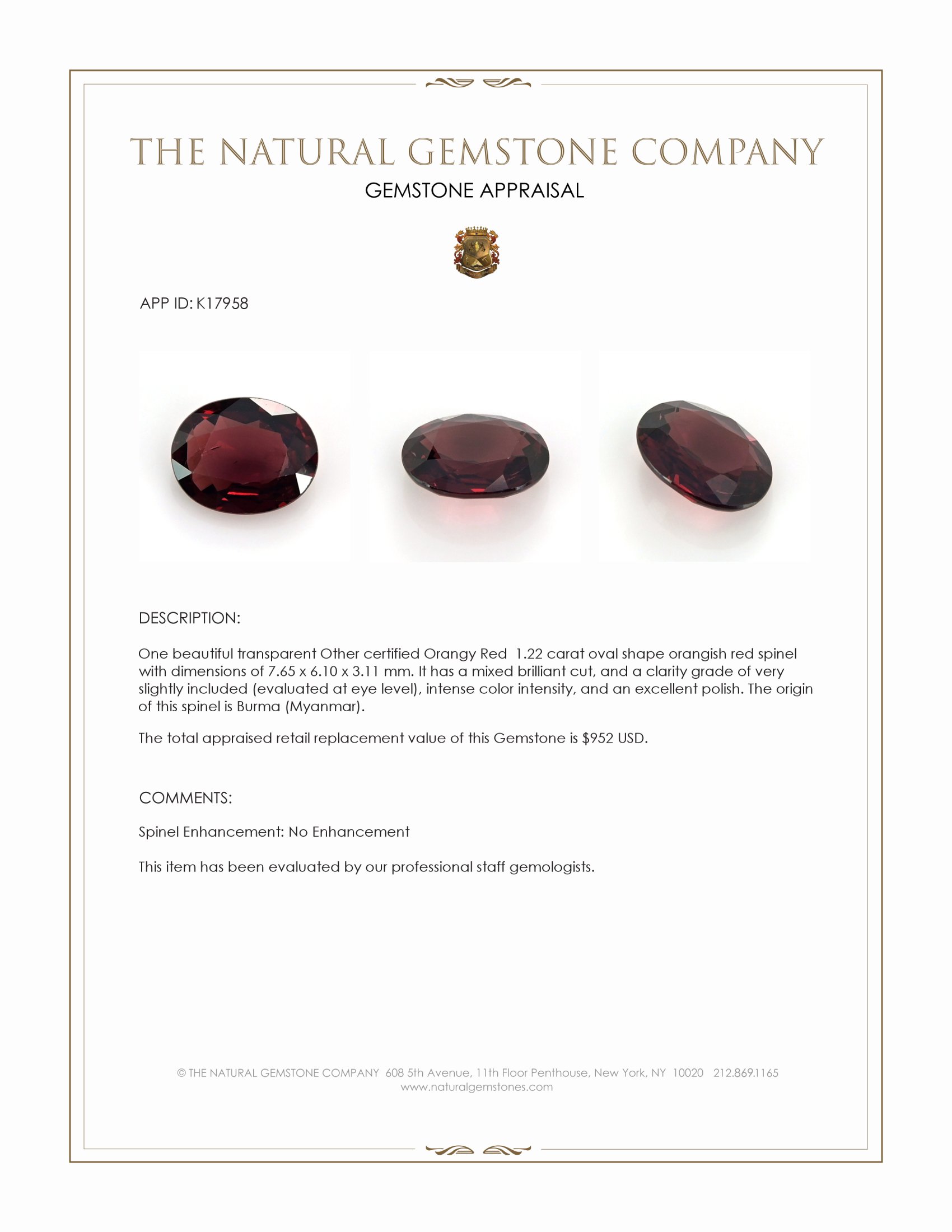 1.22 Ct. Orangish Red Spinel from Burma (Myanmar)