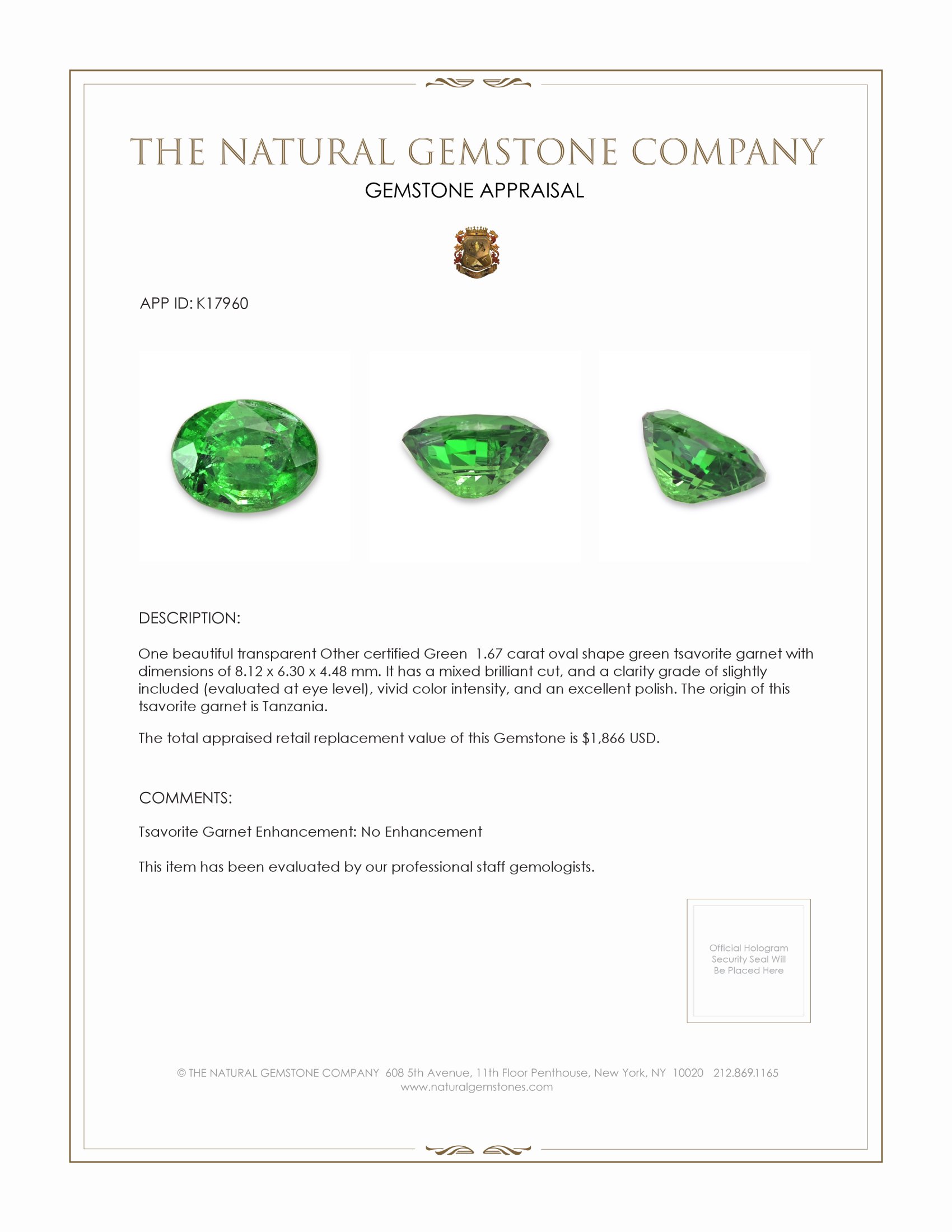 1.67 Ct. Tsavorite Garnet from Tanzania