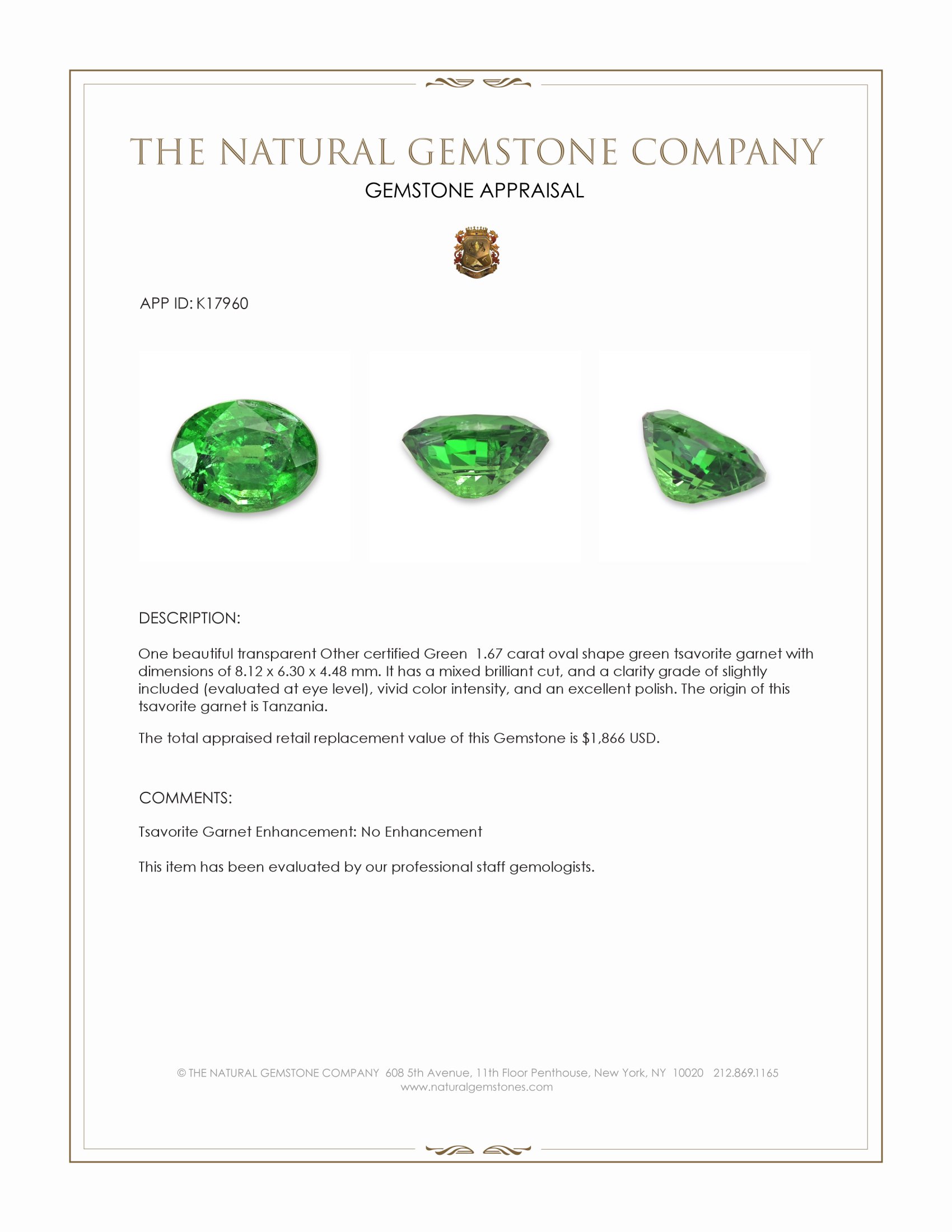 1.67 Ct. Tsavorite Garnet from Tanzania