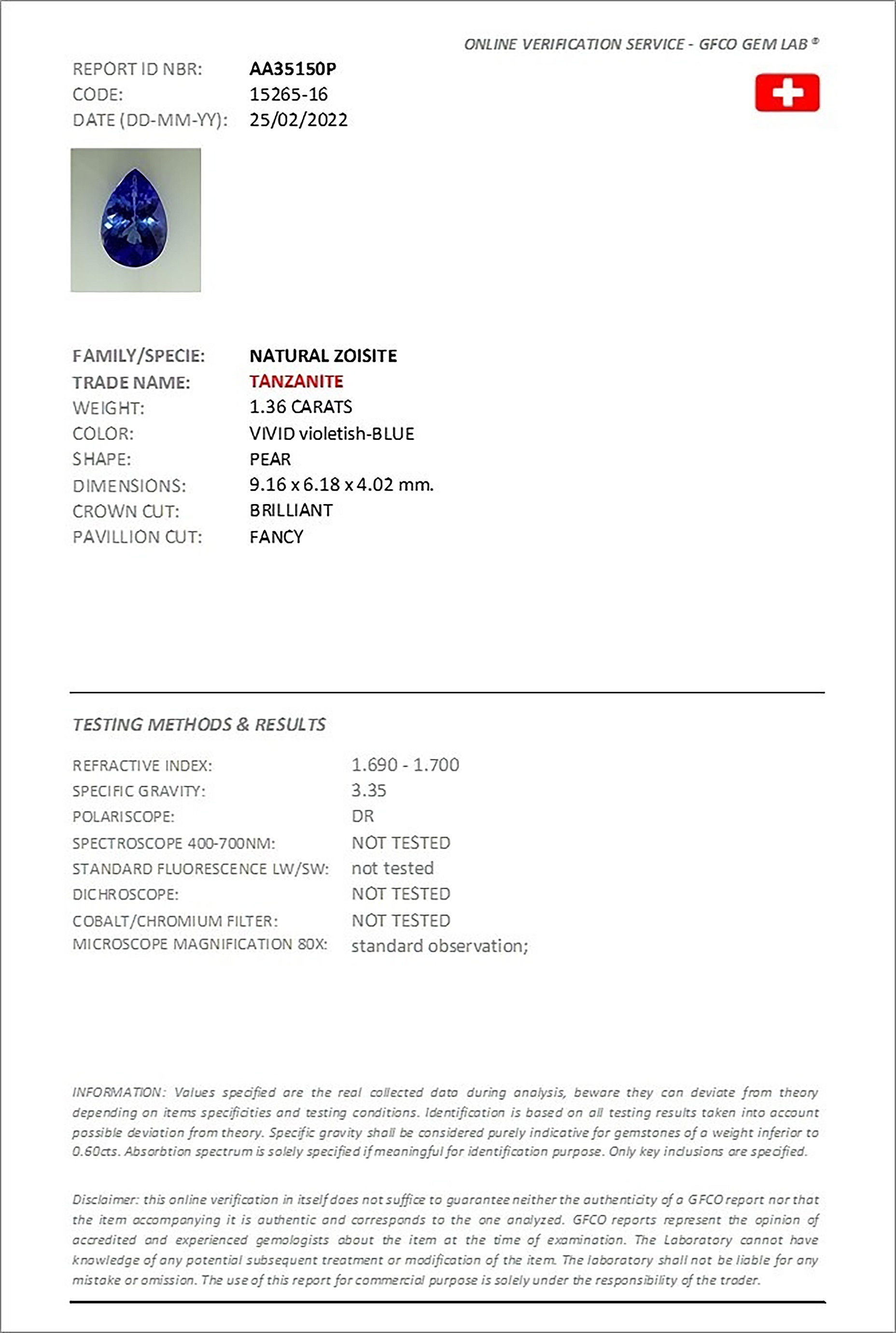 1.36 Ct. Tanzanite from Tanzania