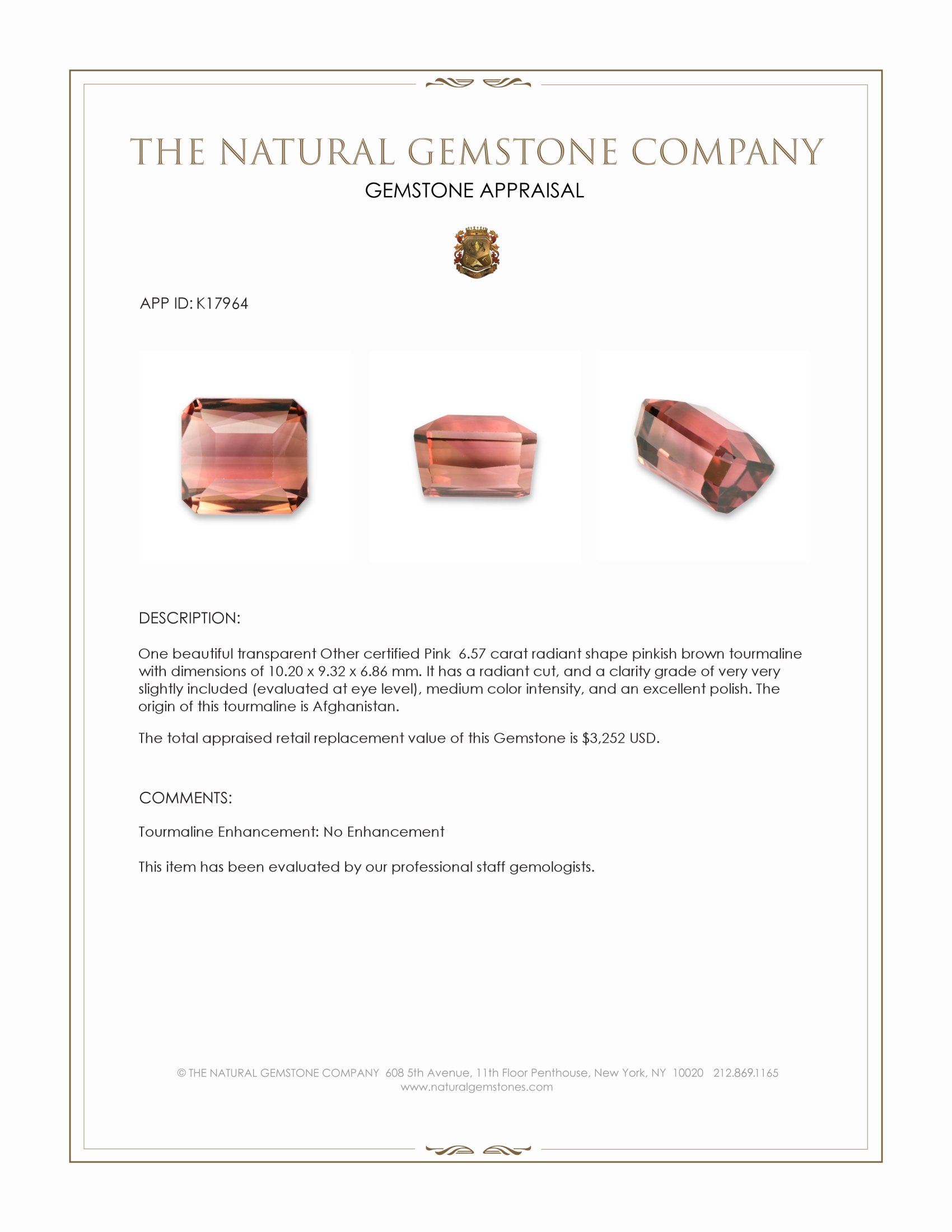 6.57 Ct. Pinkish Brown Tourmaline from Afghanistan