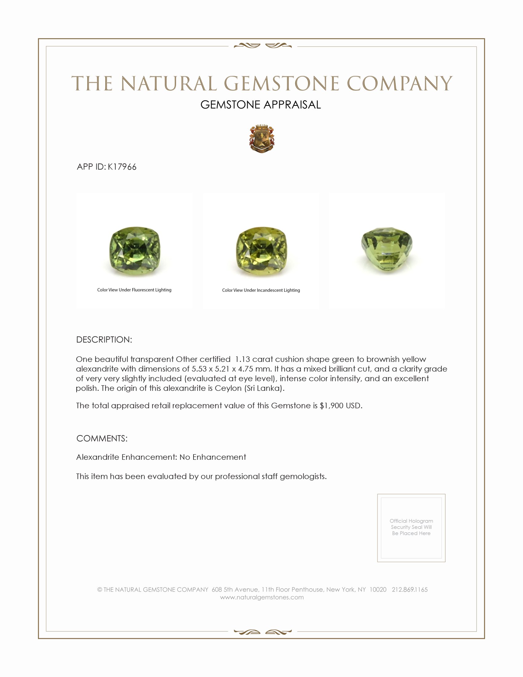 1.13 Ct. Alexandrite from Ceylon (Sri Lanka)