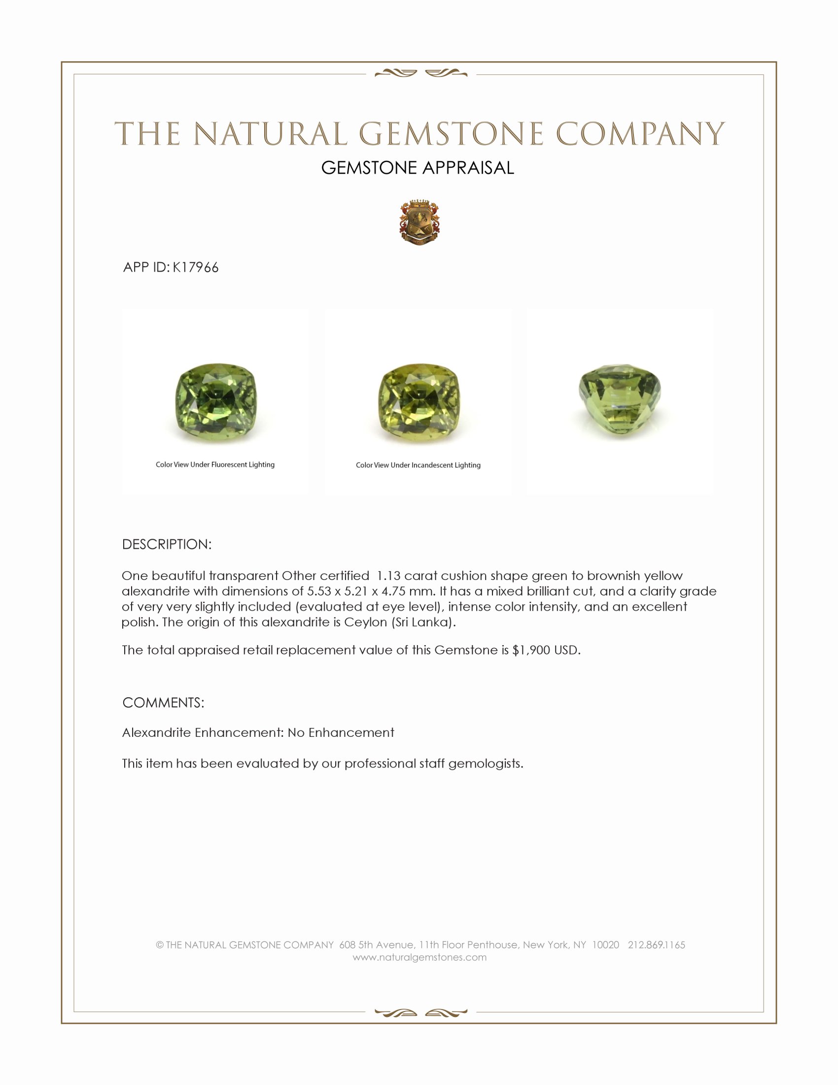 1.13 Ct. Alexandrite from Ceylon (Sri Lanka)