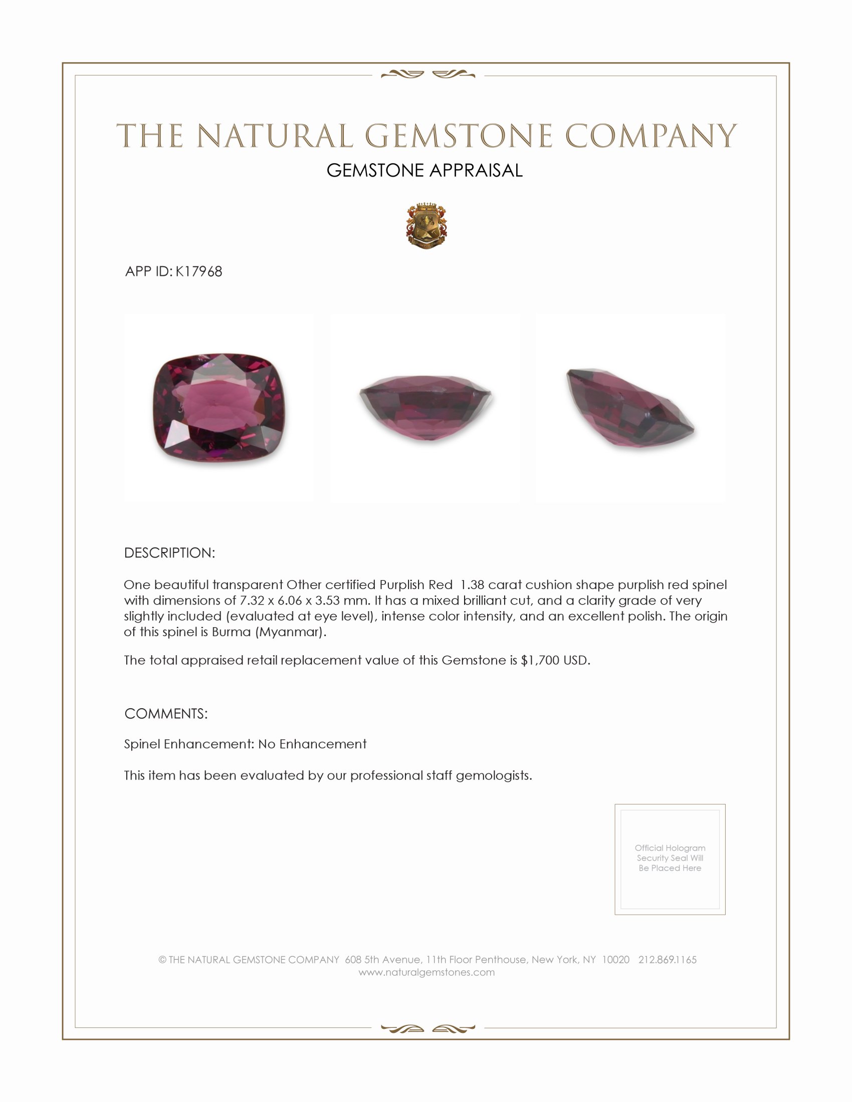 1.38 Ct. Purplish Red Spinel from Burma (Myanmar)