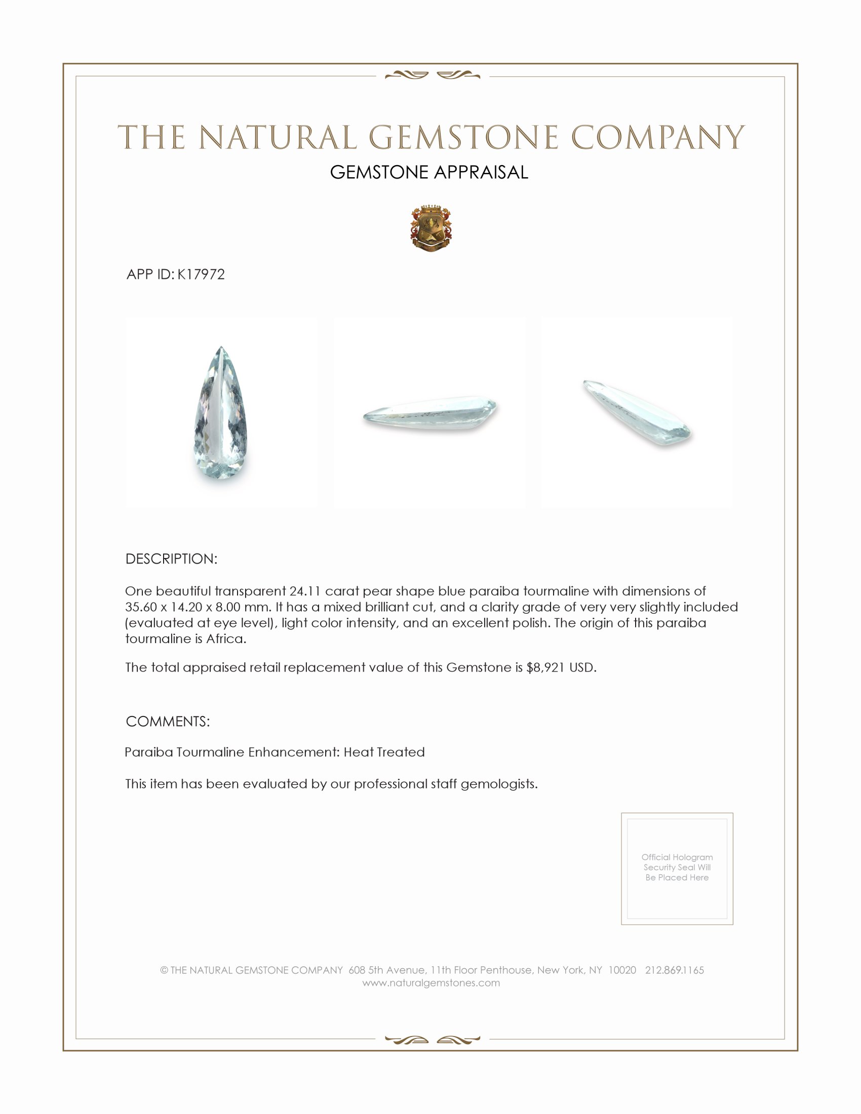 24.11 Ct. Paraiba Tourmaline from Africa