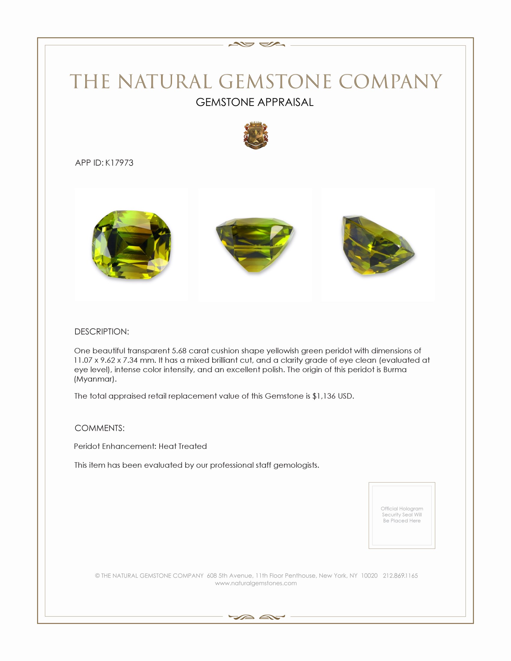 5.68 Ct. Peridot from Burma (Myanmar)