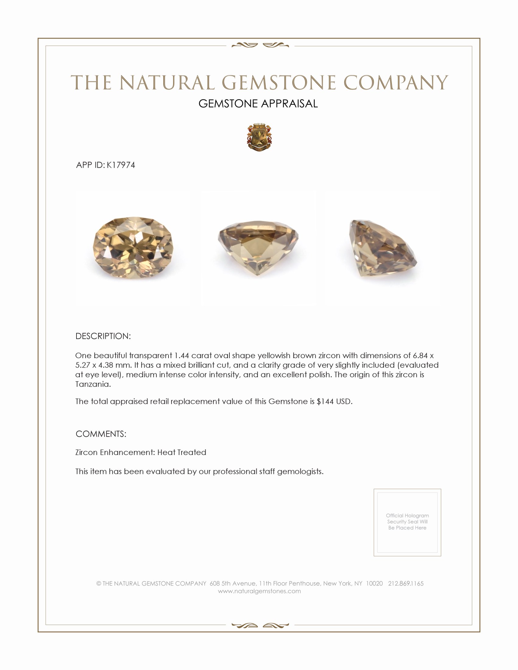 1.44 Ct. Zircon from Tanzania