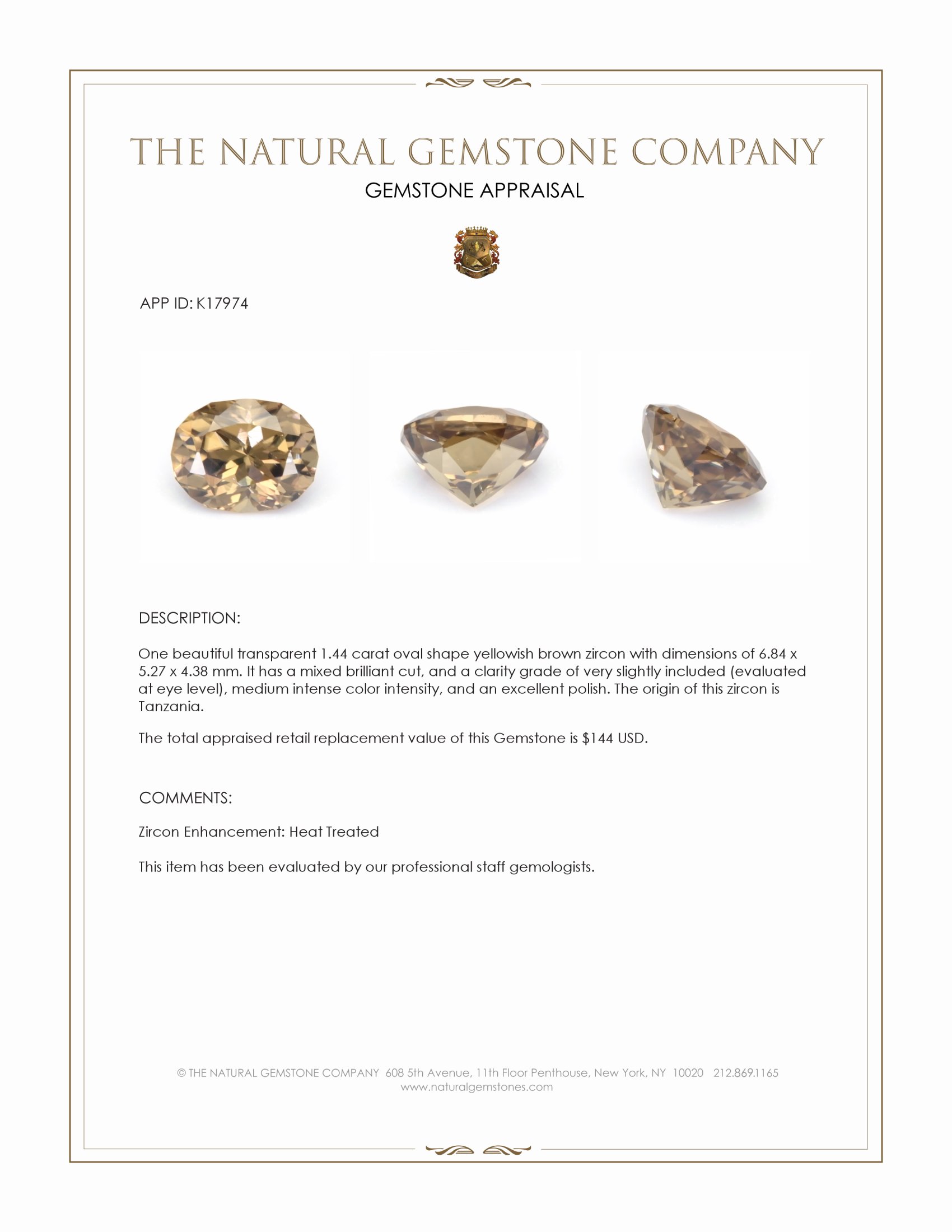 1.44 Ct. Zircon from Tanzania