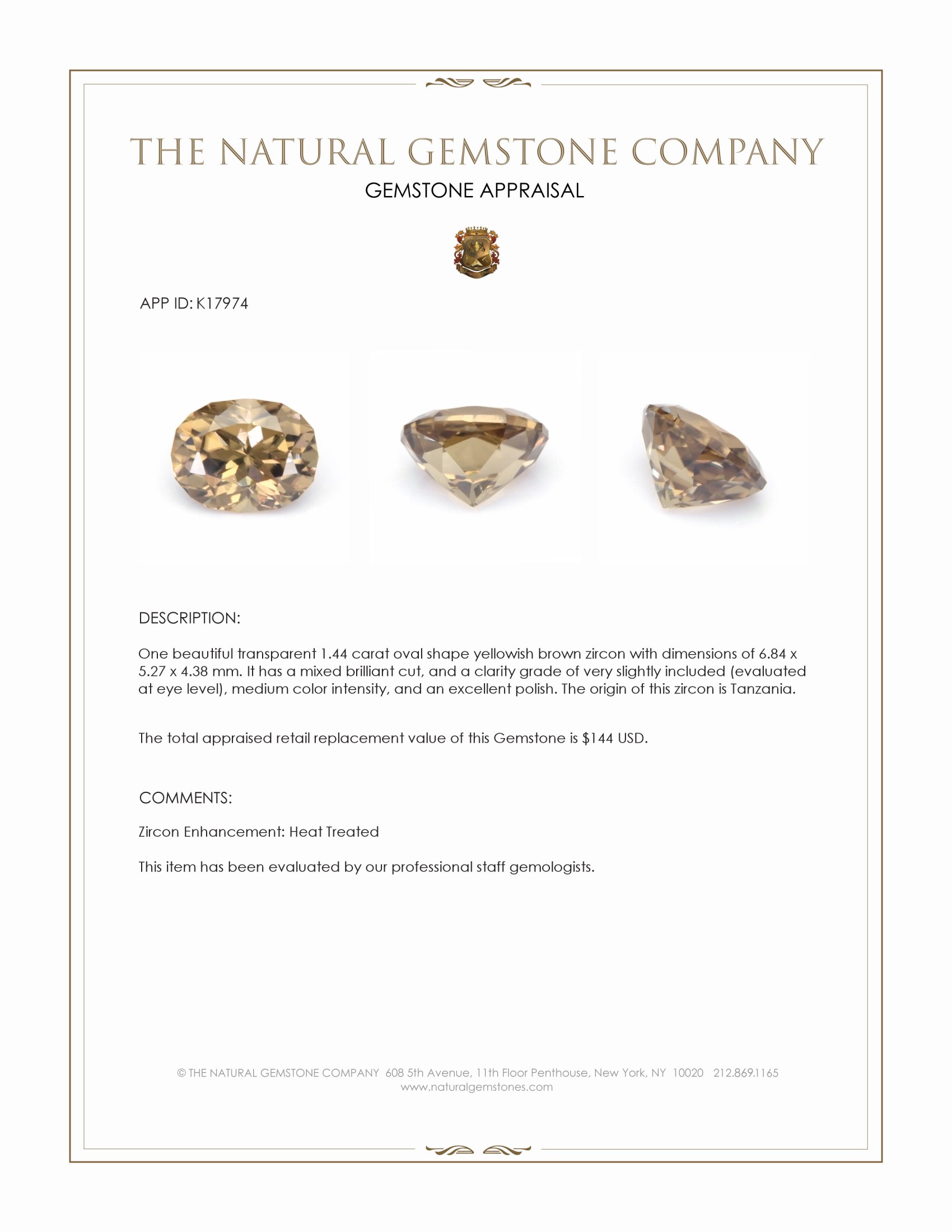 1.44 Ct. Zircon from Tanzania