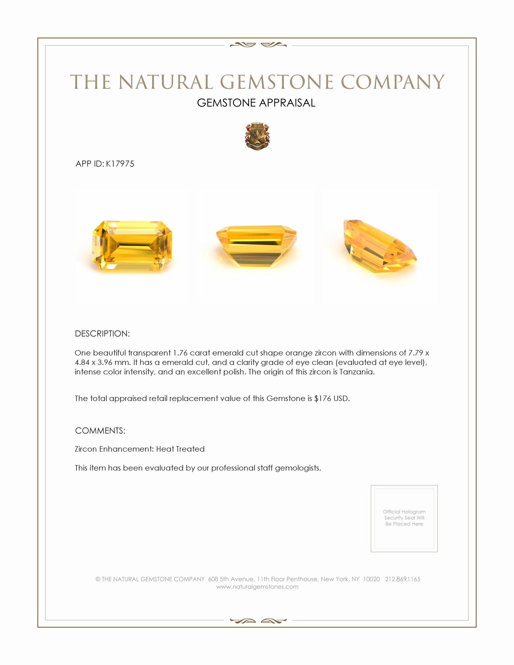 1.76 Ct. Zircon from Tanzania