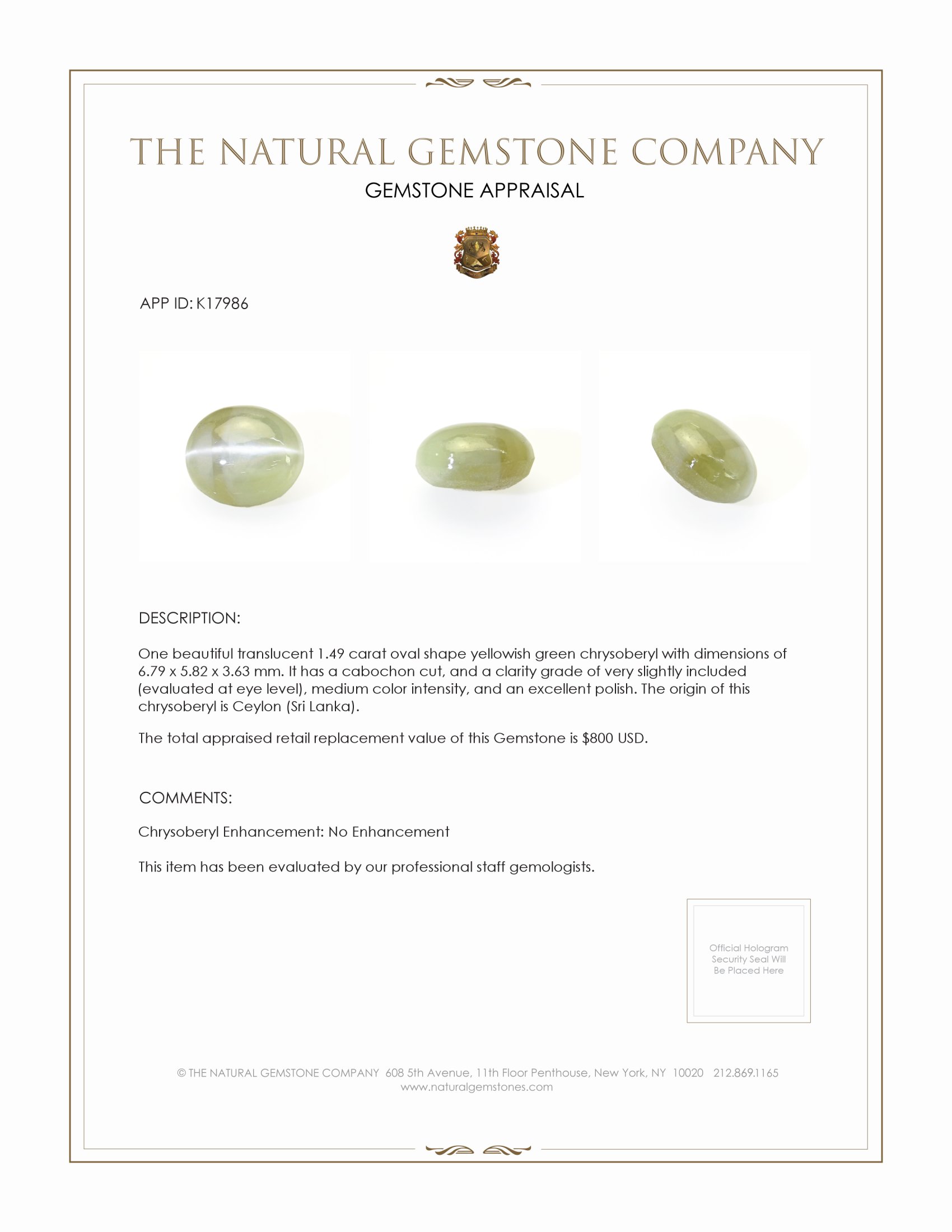 1.49 Ct. Cabochon Chrysoberyl from Ceylon (Sri Lanka)