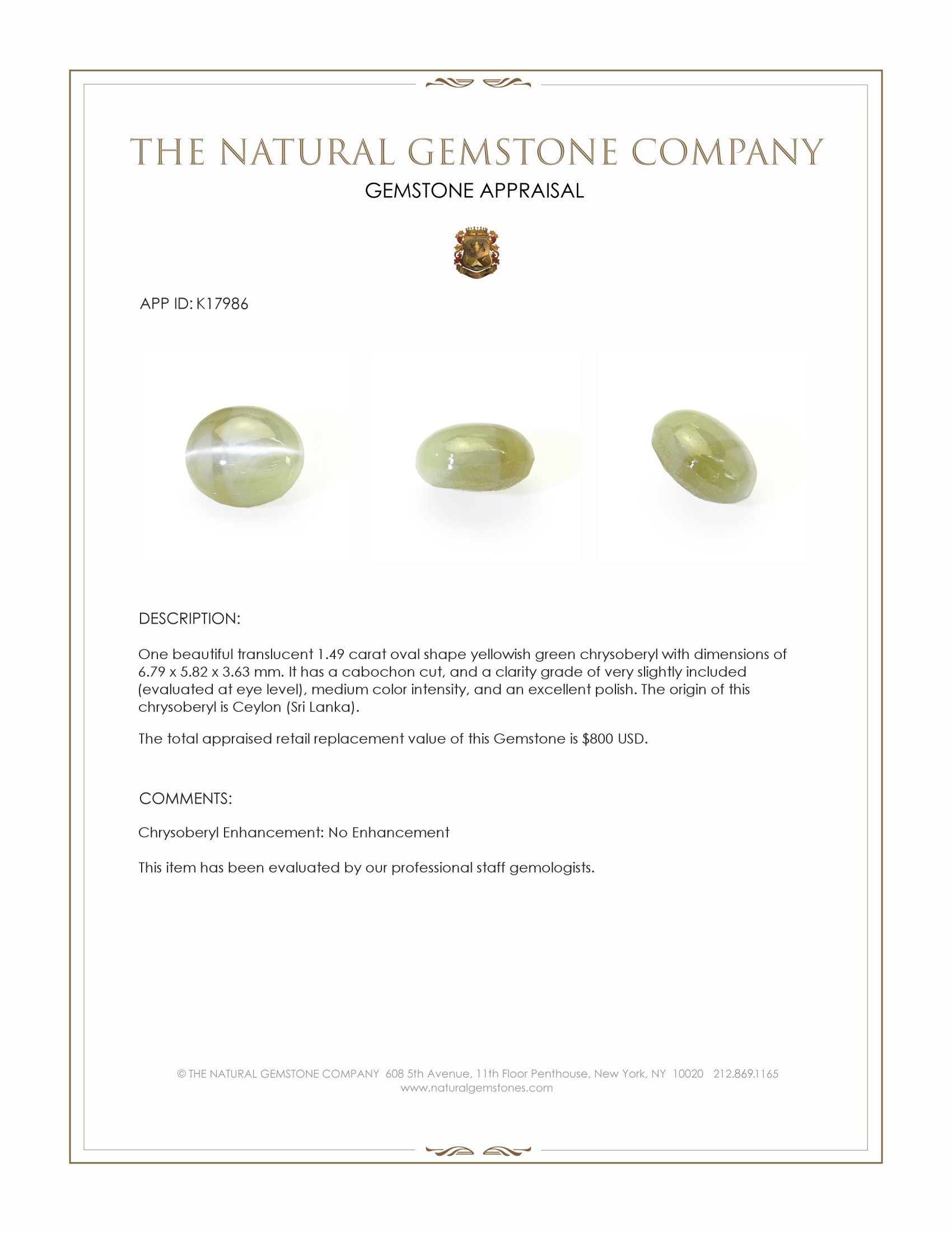 1.49 Ct. Yellowish Green Cabochon Chrysoberyl from Ceylon (Sri Lanka)