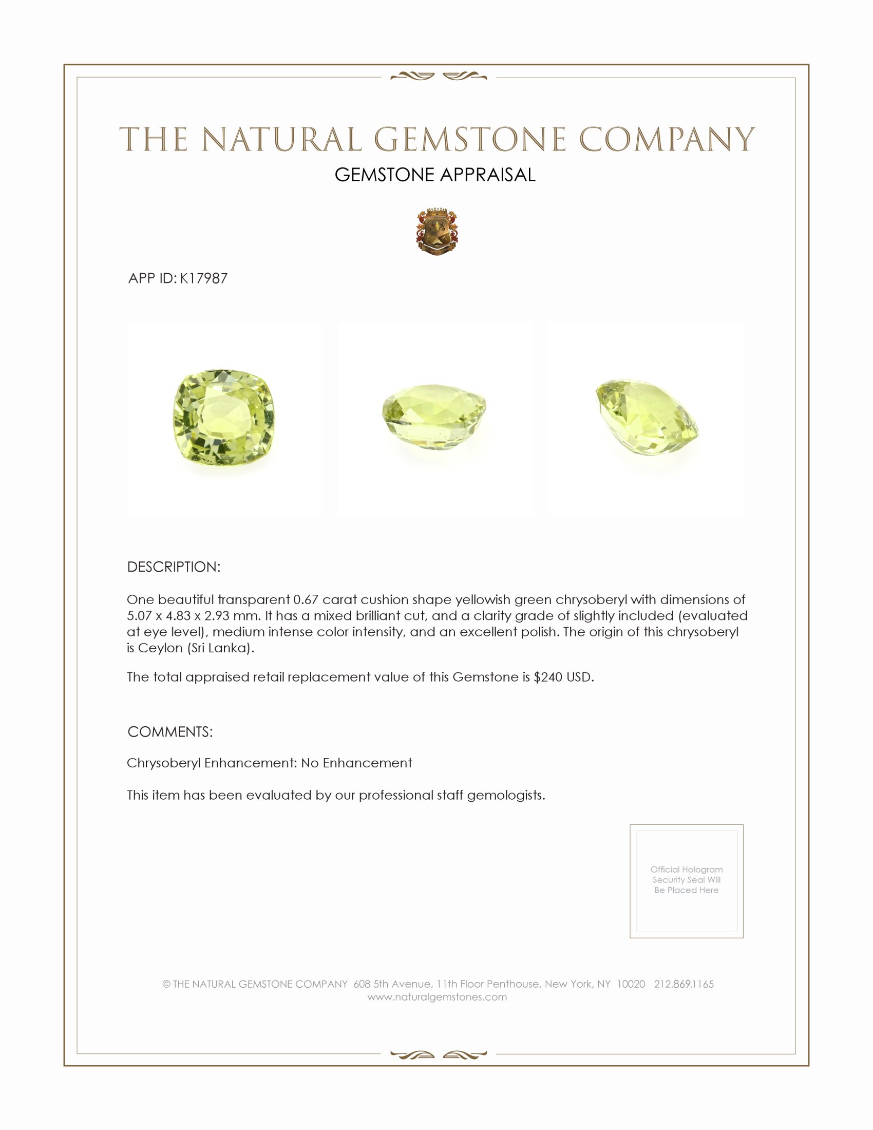 0.67 Ct. Yellowish Green Chrysoberyl from Ceylon (Sri Lanka)