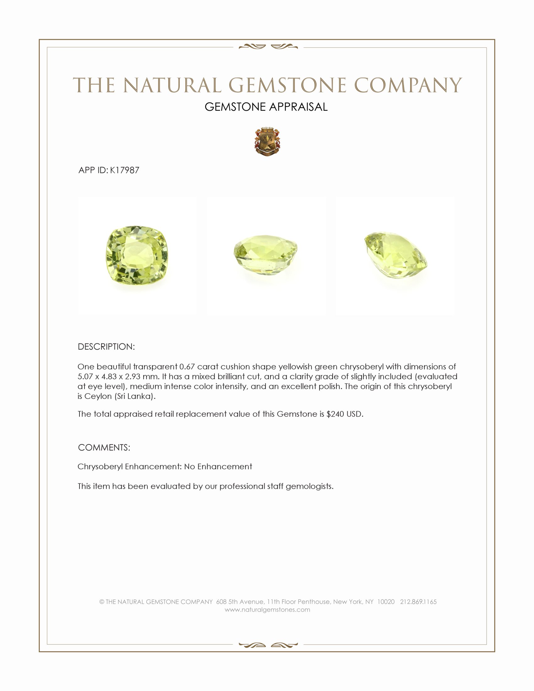 0.67 Ct. Chrysoberyl from Ceylon (Sri Lanka)