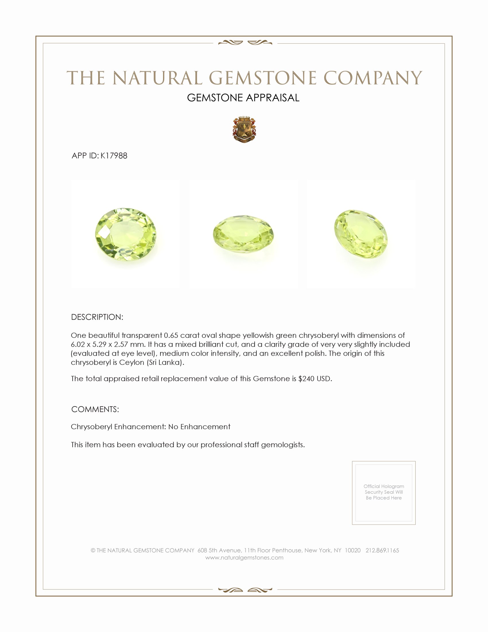 0.65 Ct. Chrysoberyl from Ceylon (Sri Lanka)