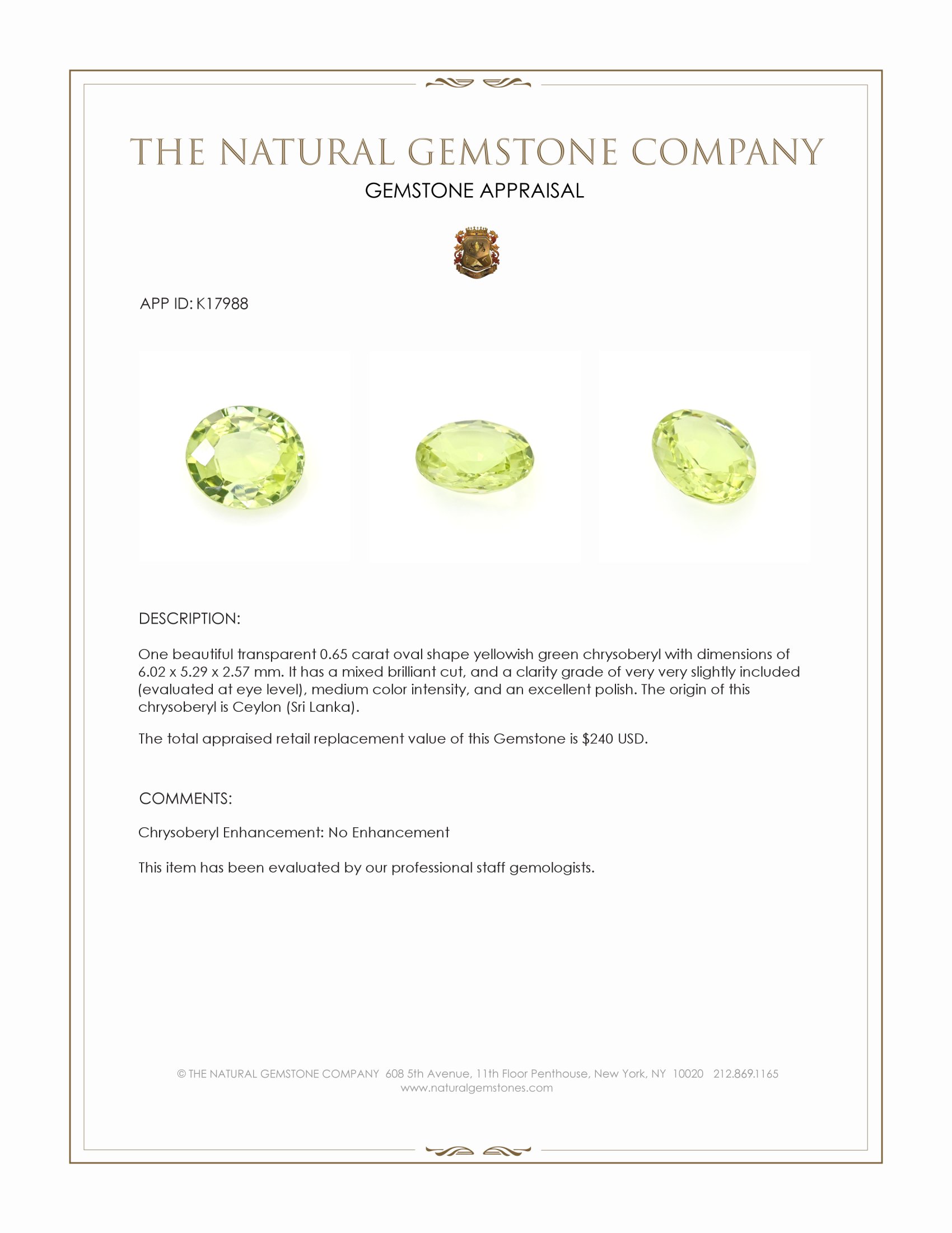 0.65 Ct. Chrysoberyl from Ceylon (Sri Lanka)