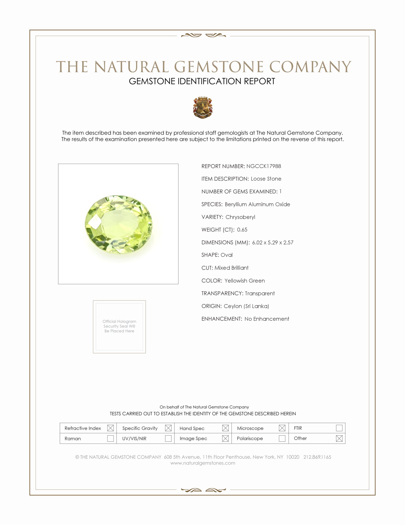 0.65 Ct. Yellowish Green Chrysoberyl from Ceylon (Sri Lanka)