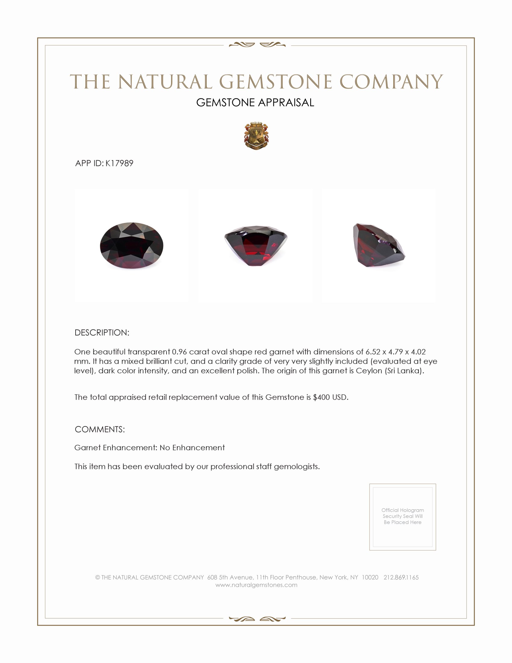 0.96 Ct. Garnet from Ceylon (Sri Lanka)