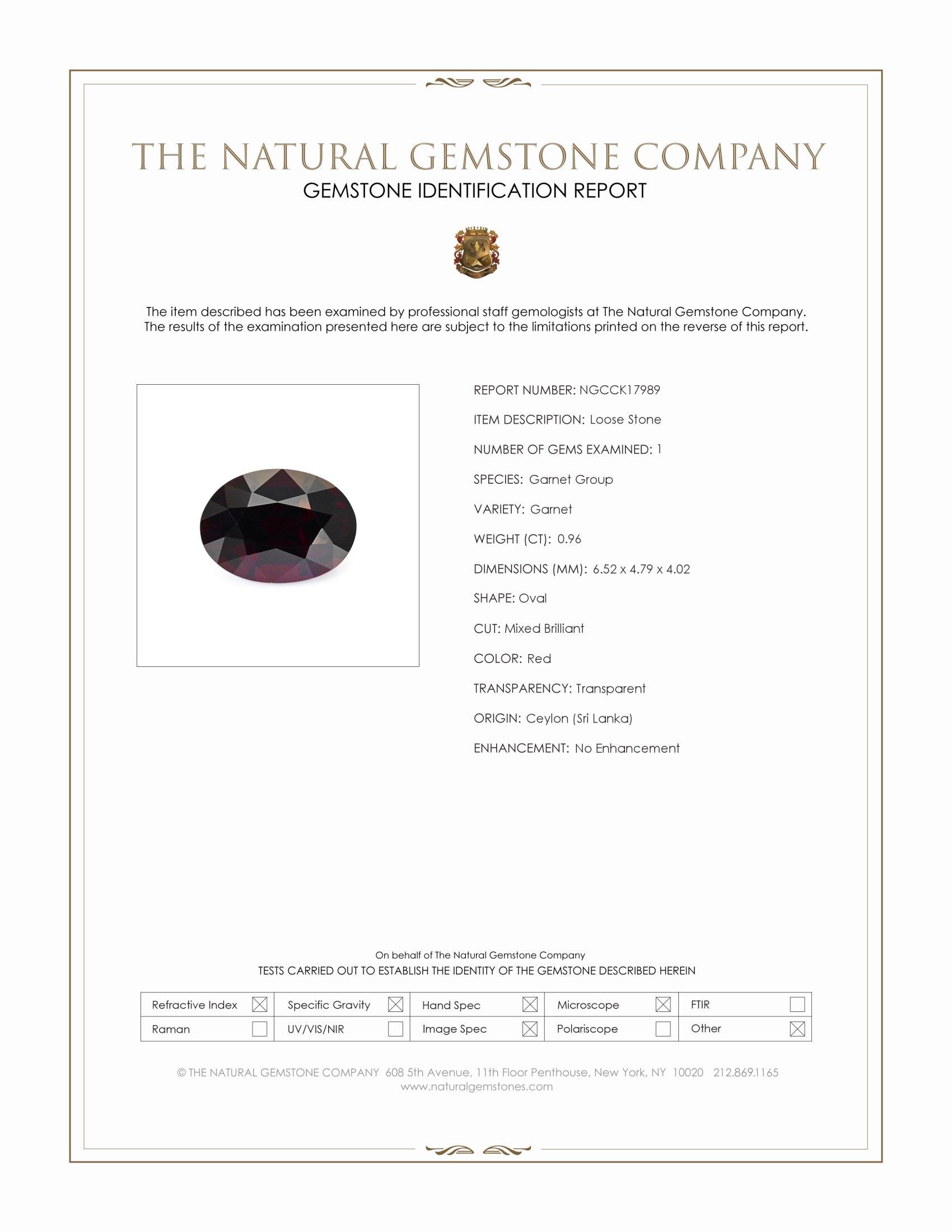0.96 Ct. Red Garnet from Ceylon (Sri Lanka)
