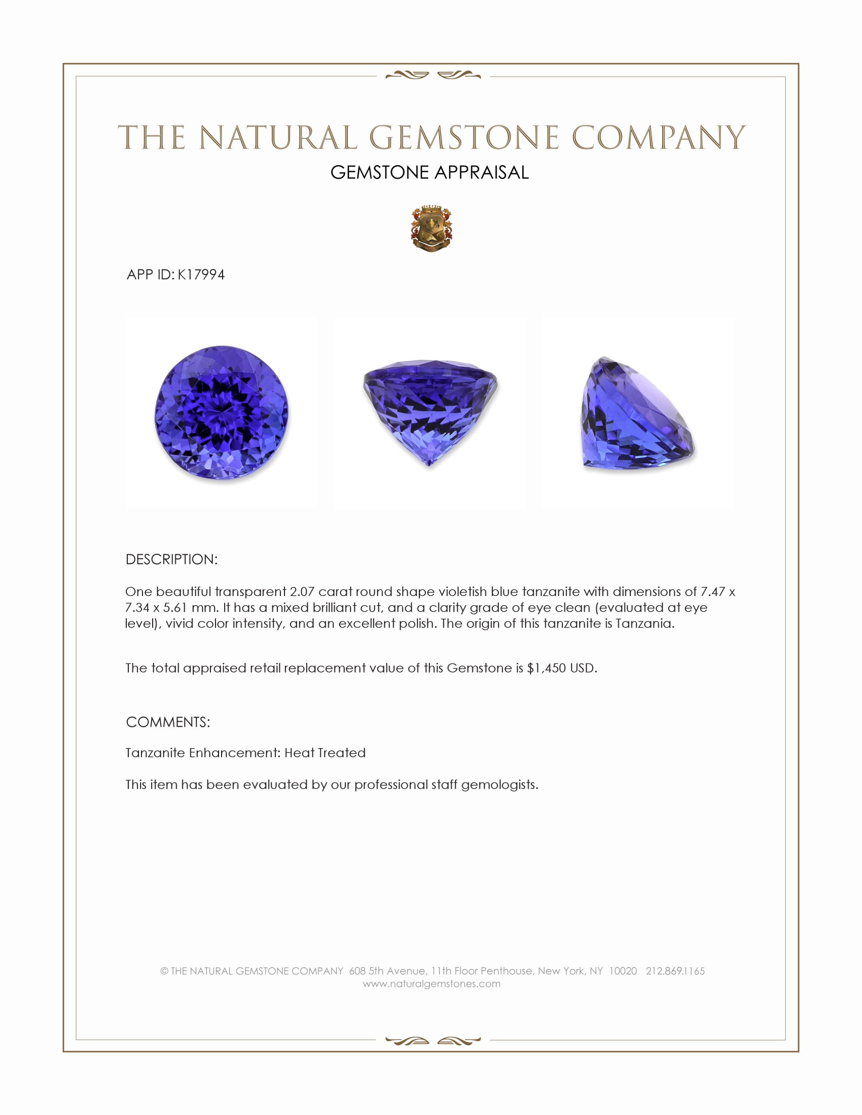 2.07 Ct. Violetish Blue Tanzanite from Tanzania