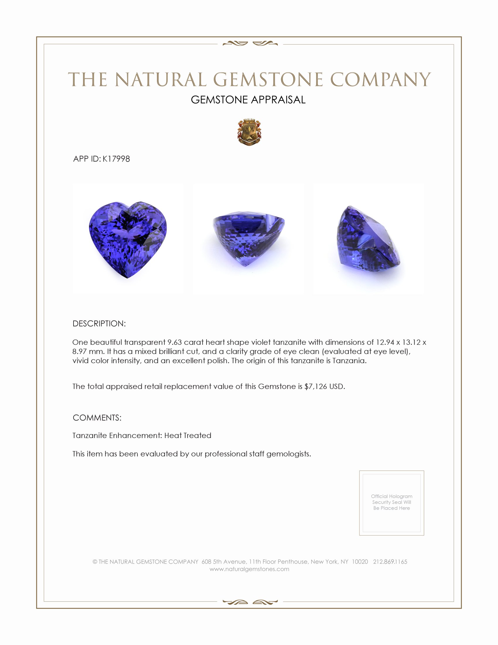 9.63 Ct. Tanzanite from Tanzania