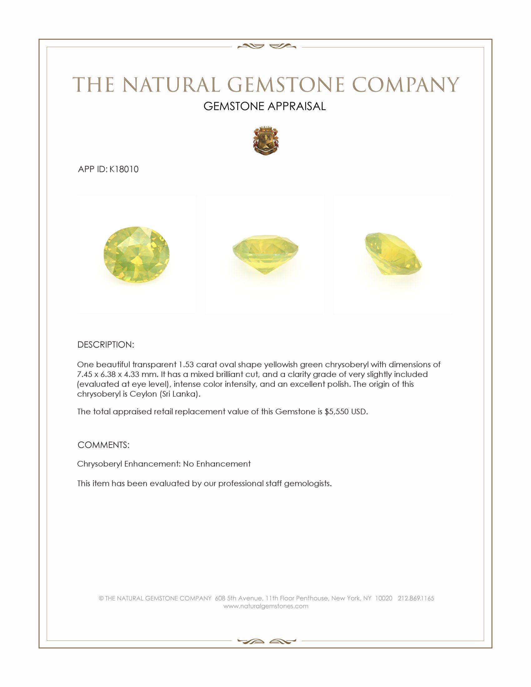 1.53 Ct. Yellowish Green Chrysoberyl from Ceylon (Sri Lanka)