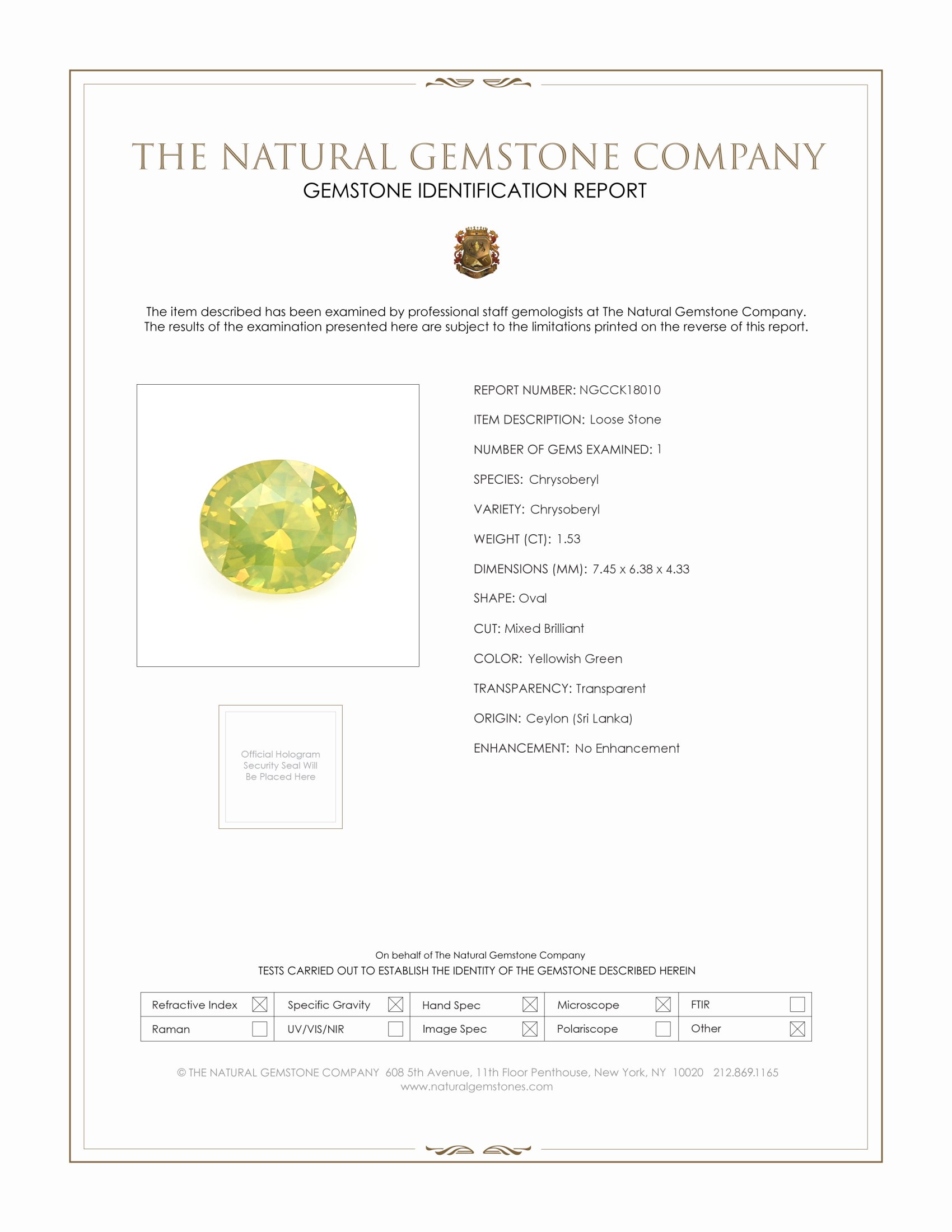 1.53 Ct. Yellowish Green Chrysoberyl from Ceylon (Sri Lanka)