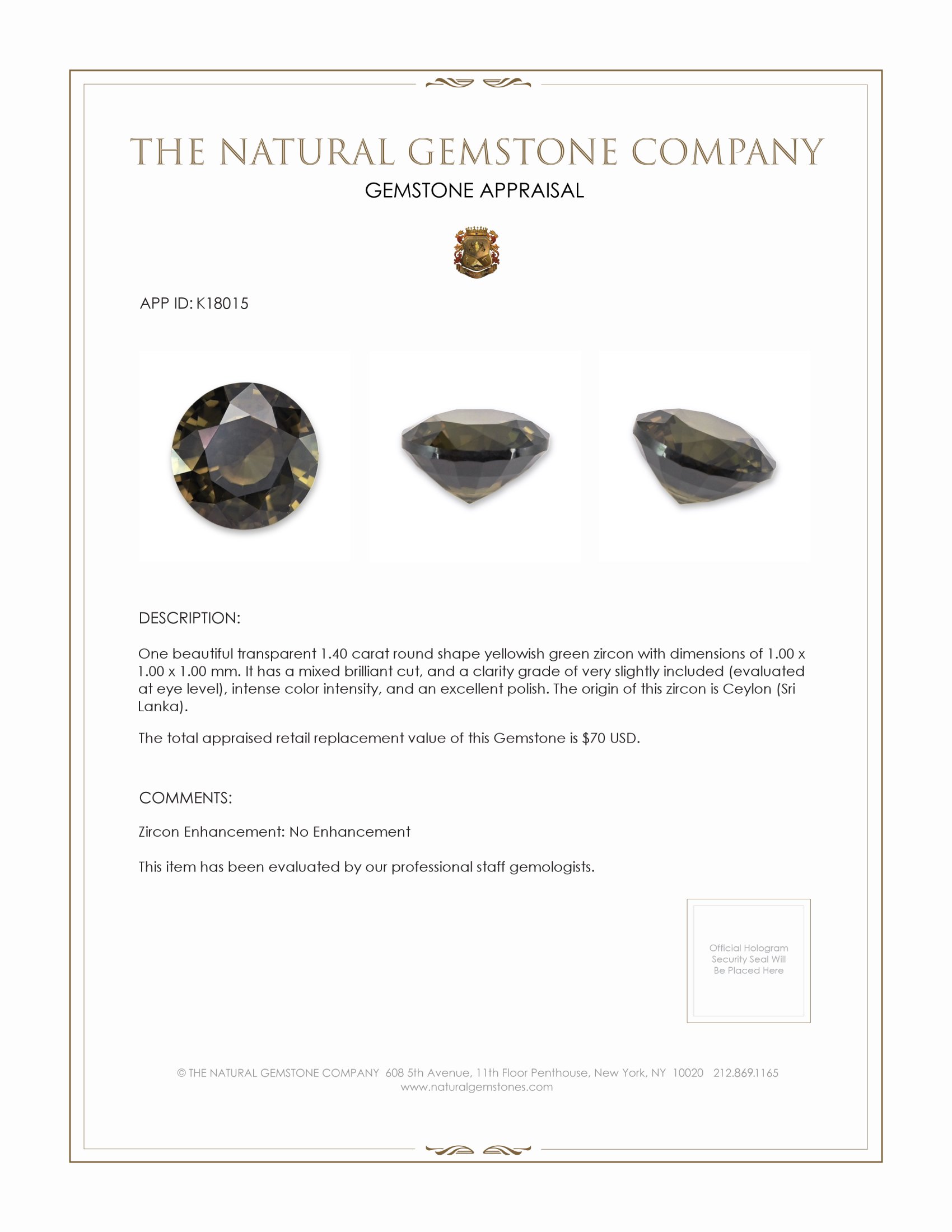 1.40 Ct. Greenish Brown Zircon from Ceylon (Sri Lanka)