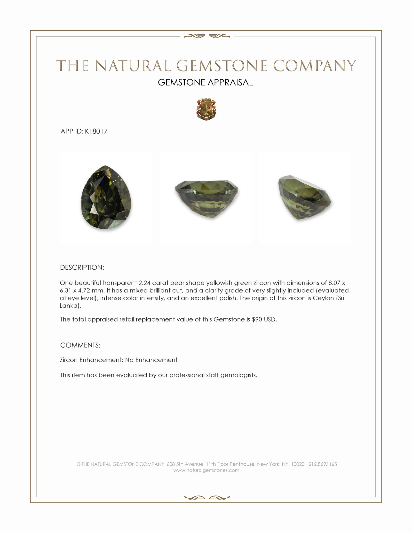 2.24 Ct. Yellowish Green Zircon from Ceylon (Sri Lanka)