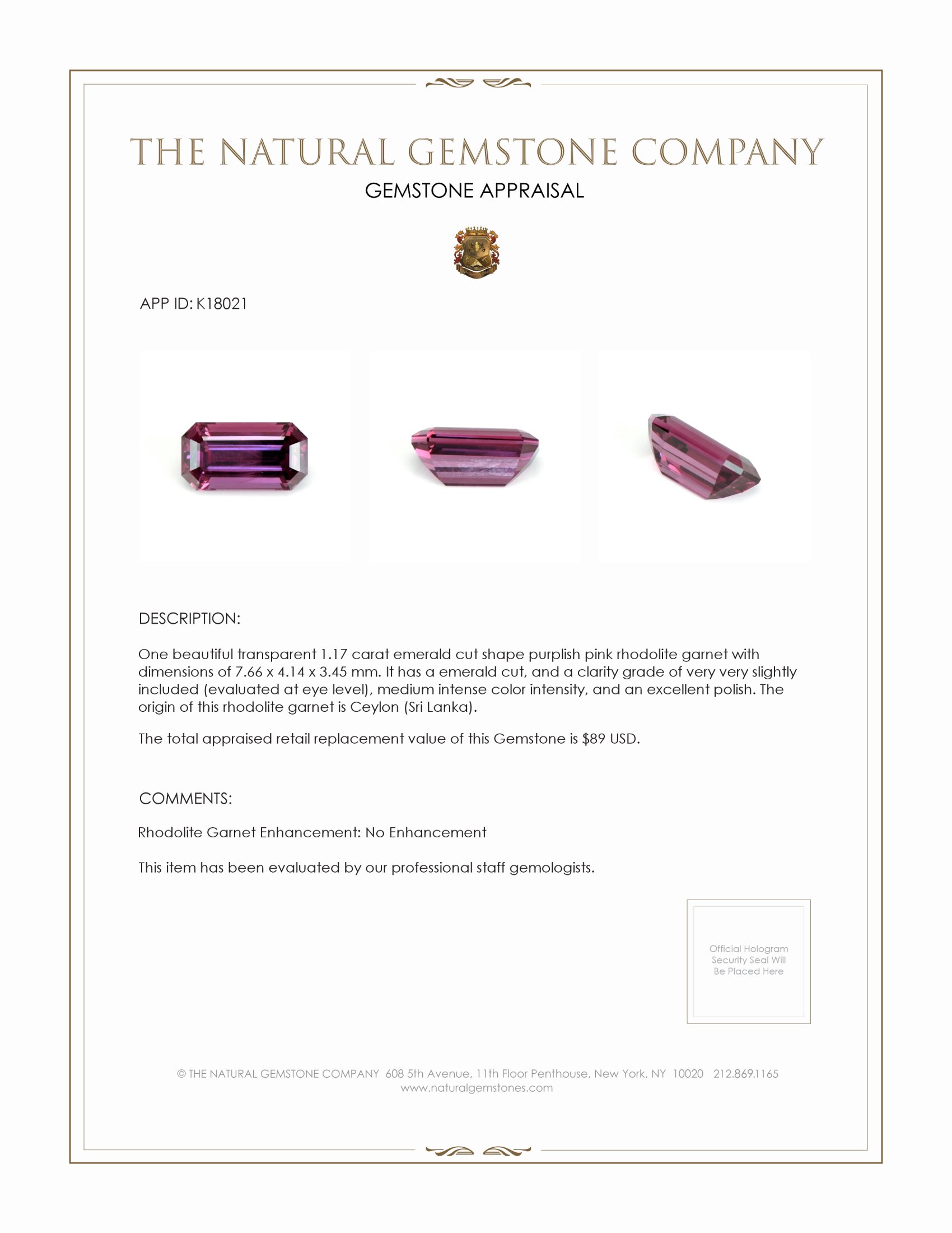 1.17 Ct. Rhodolite Garnet from Ceylon (Sri Lanka)