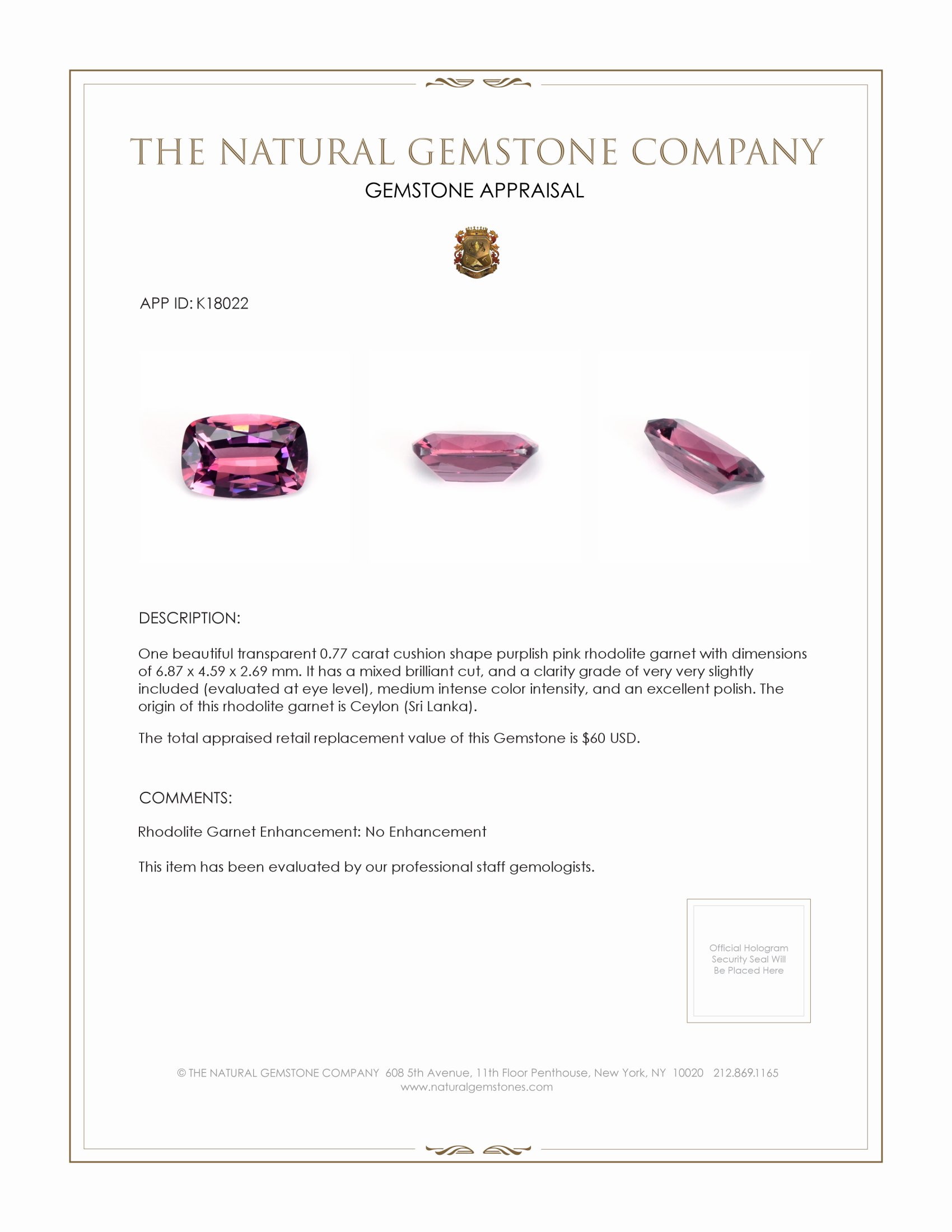 0.77 Ct. Rhodolite Garnet from Ceylon (Sri Lanka)