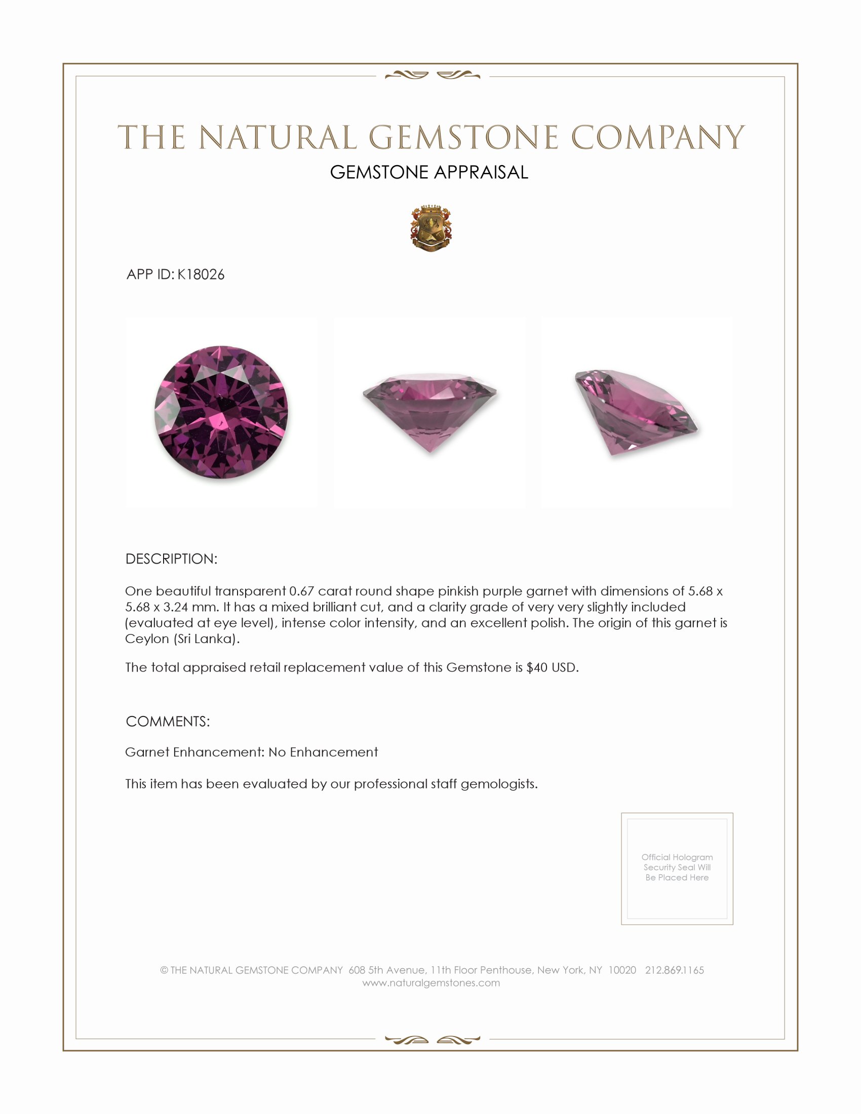 0.67 Ct. Garnet from Ceylon (Sri Lanka)