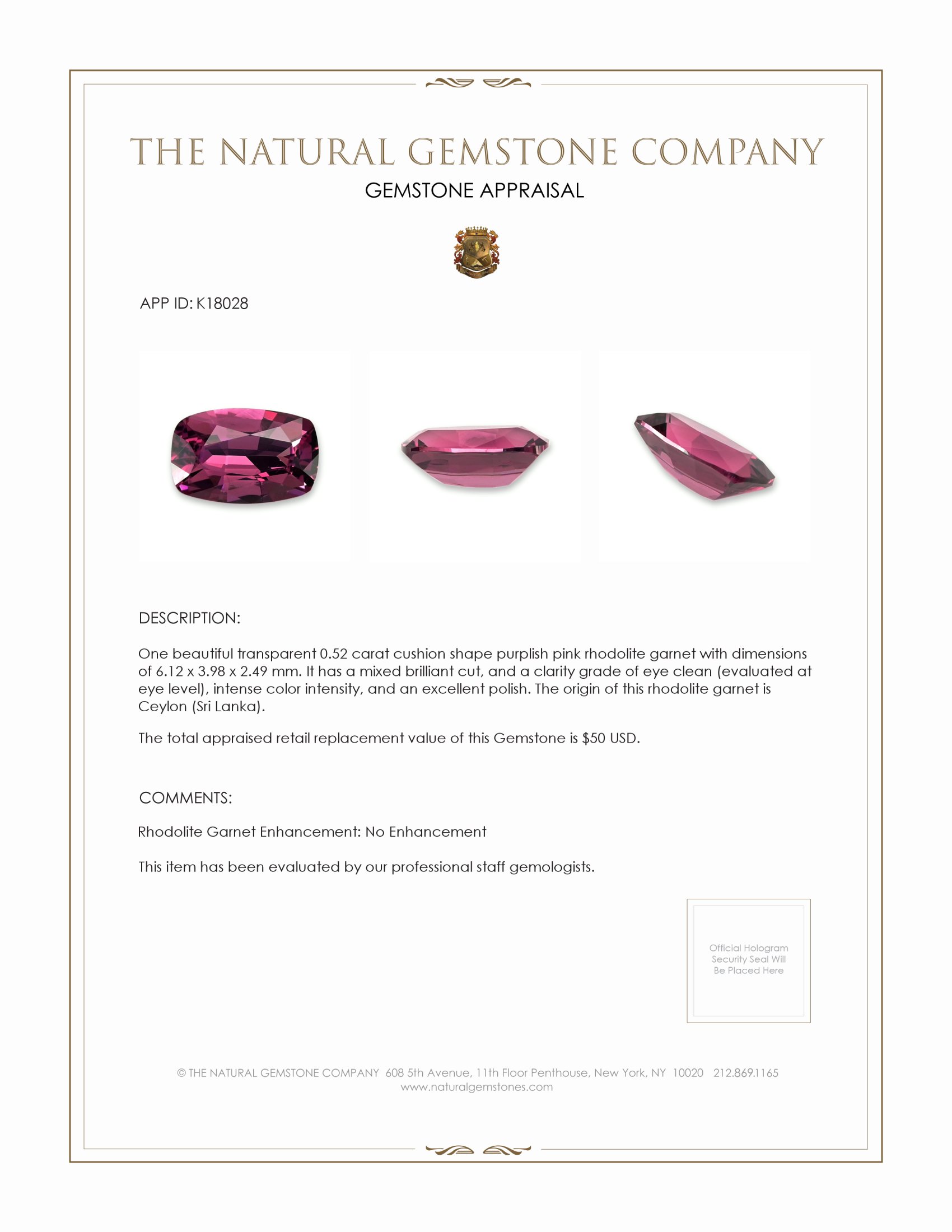 0.52 Ct. Rhodolite Garnet from Ceylon (Sri Lanka)