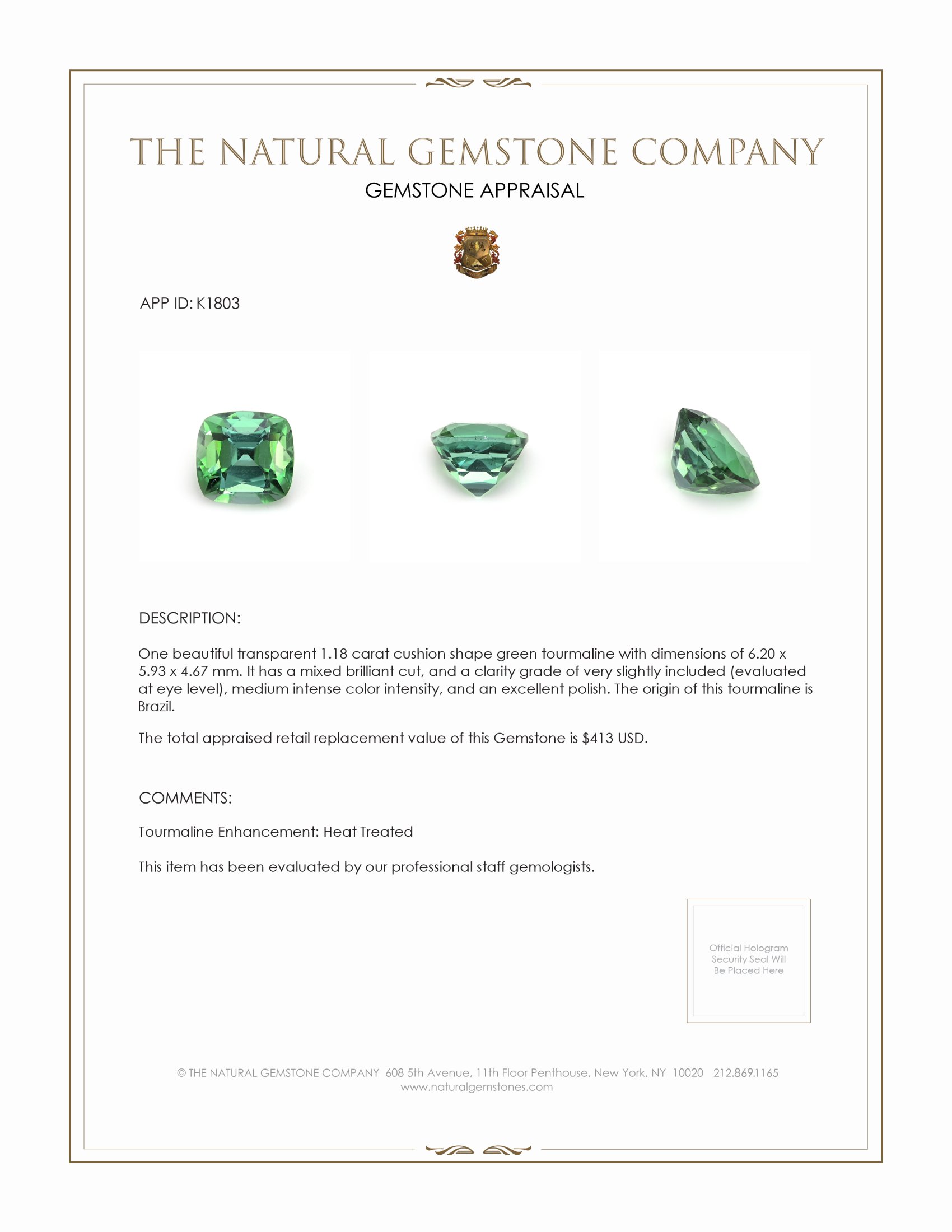 1.18 Ct. Tourmaline from Brazil