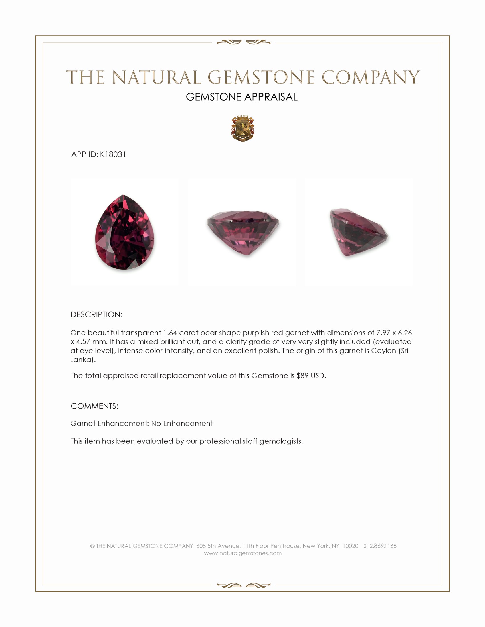 1.64 Ct. Purplish Red Garnet from Ceylon (Sri Lanka)