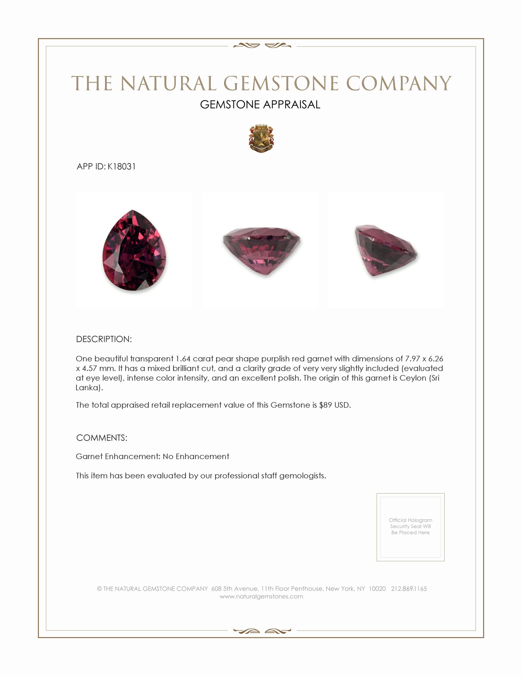 1.64 Ct. Garnet from Ceylon (Sri Lanka)