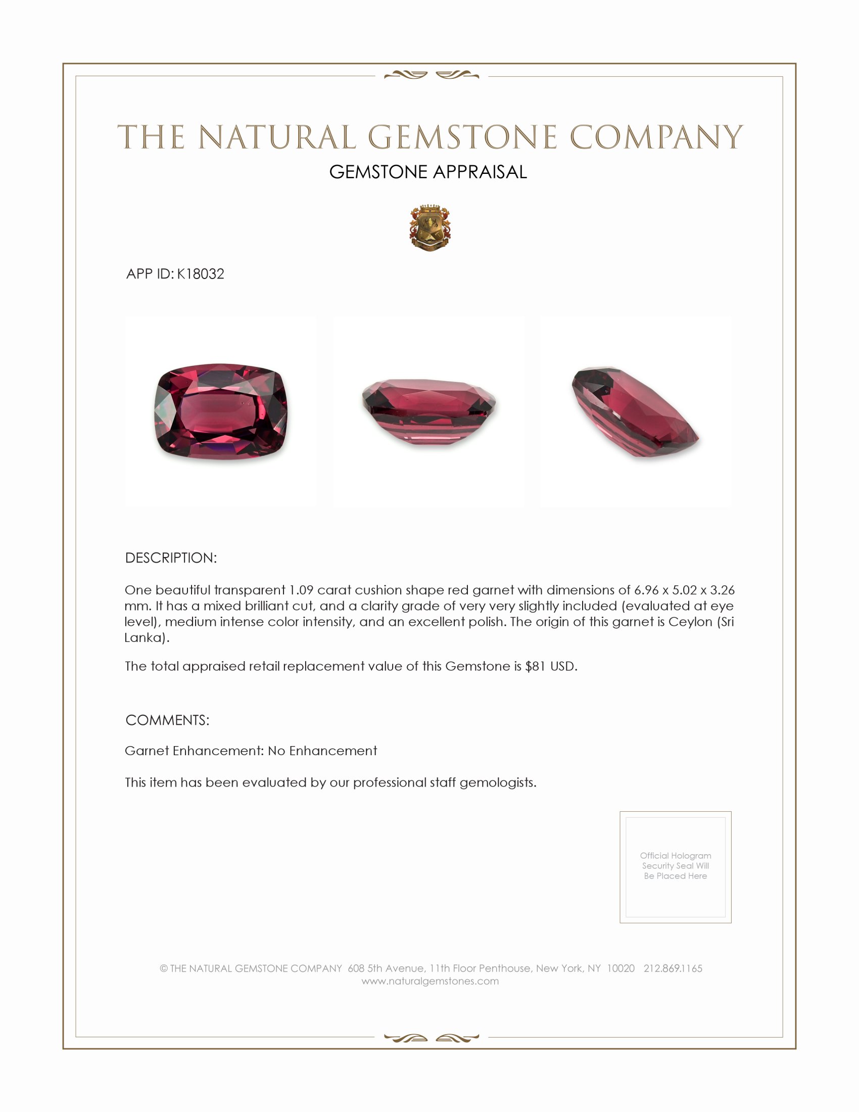 1.09 Ct. Garnet from Ceylon (Sri Lanka)