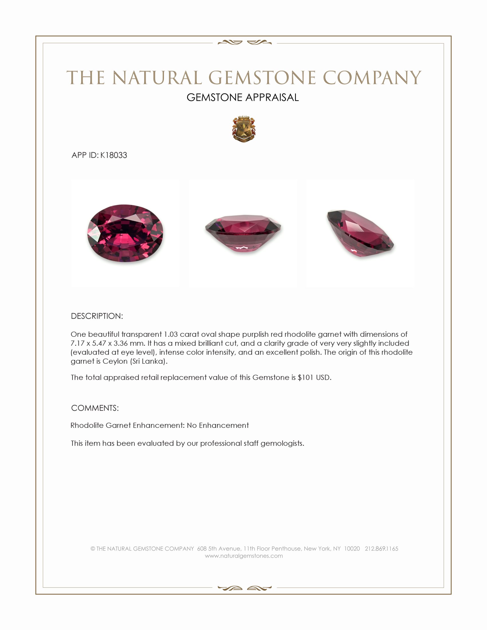 1.03 Ct. Purplish Red Rhodolite Garnet from Ceylon (Sri Lanka)