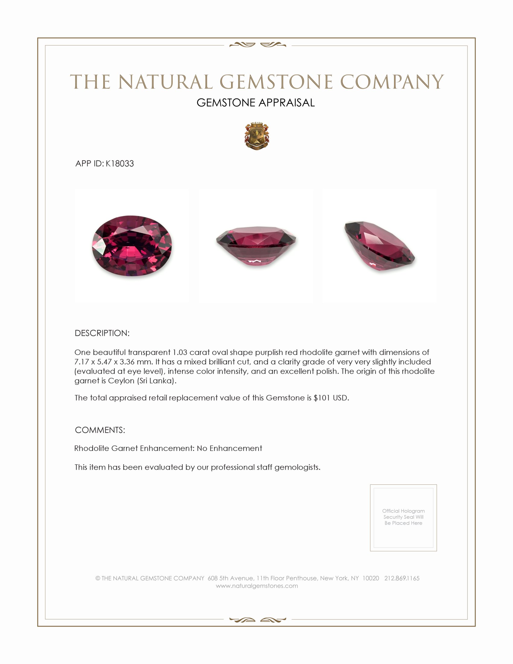 1.03 Ct. Rhodolite Garnet from Ceylon (Sri Lanka)