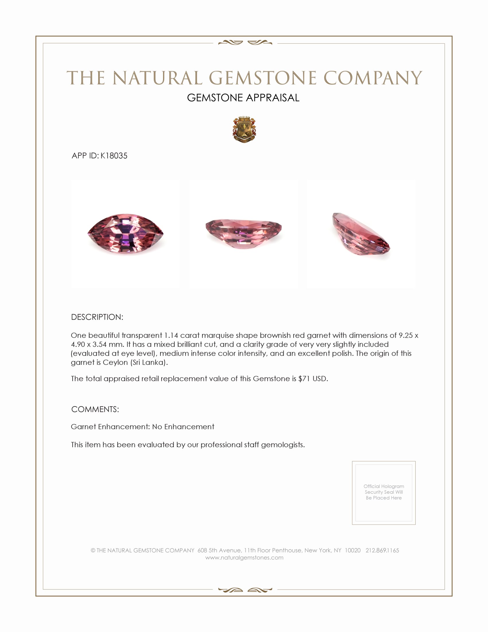 1.14 Ct. Garnet from Ceylon (Sri Lanka)