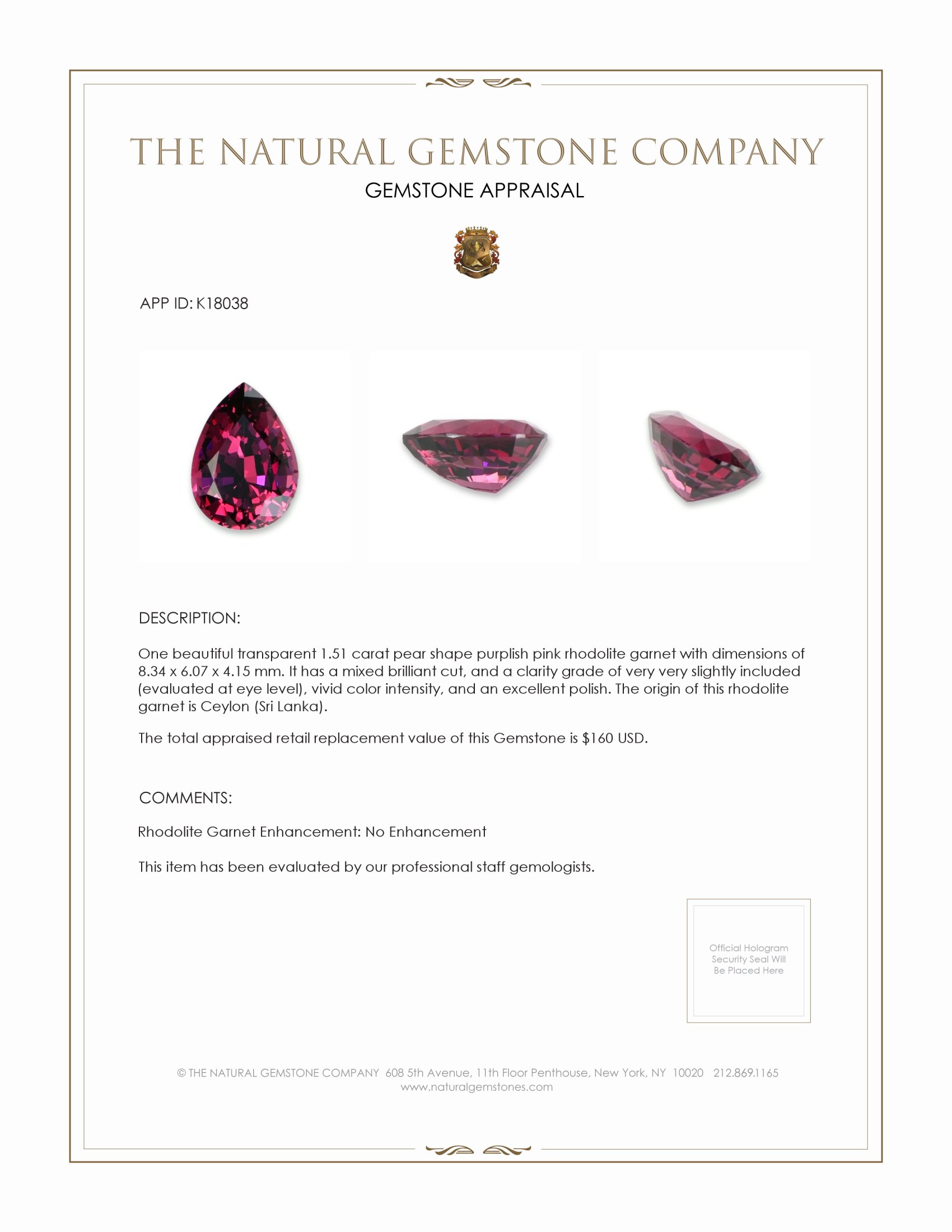 1.51 Ct. Rhodolite Garnet from Ceylon (Sri Lanka)