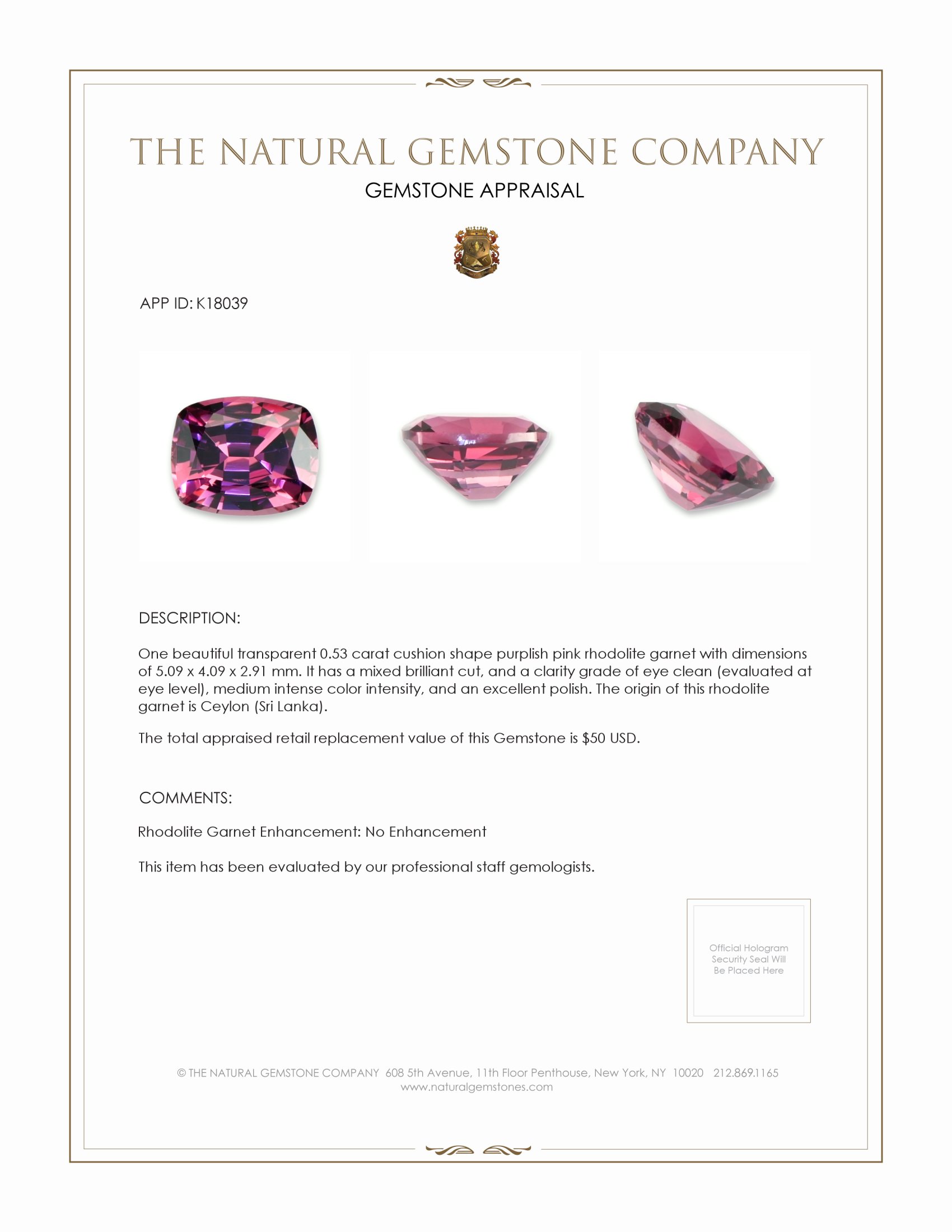 0.53 Ct. Rhodolite Garnet from Ceylon (Sri Lanka)