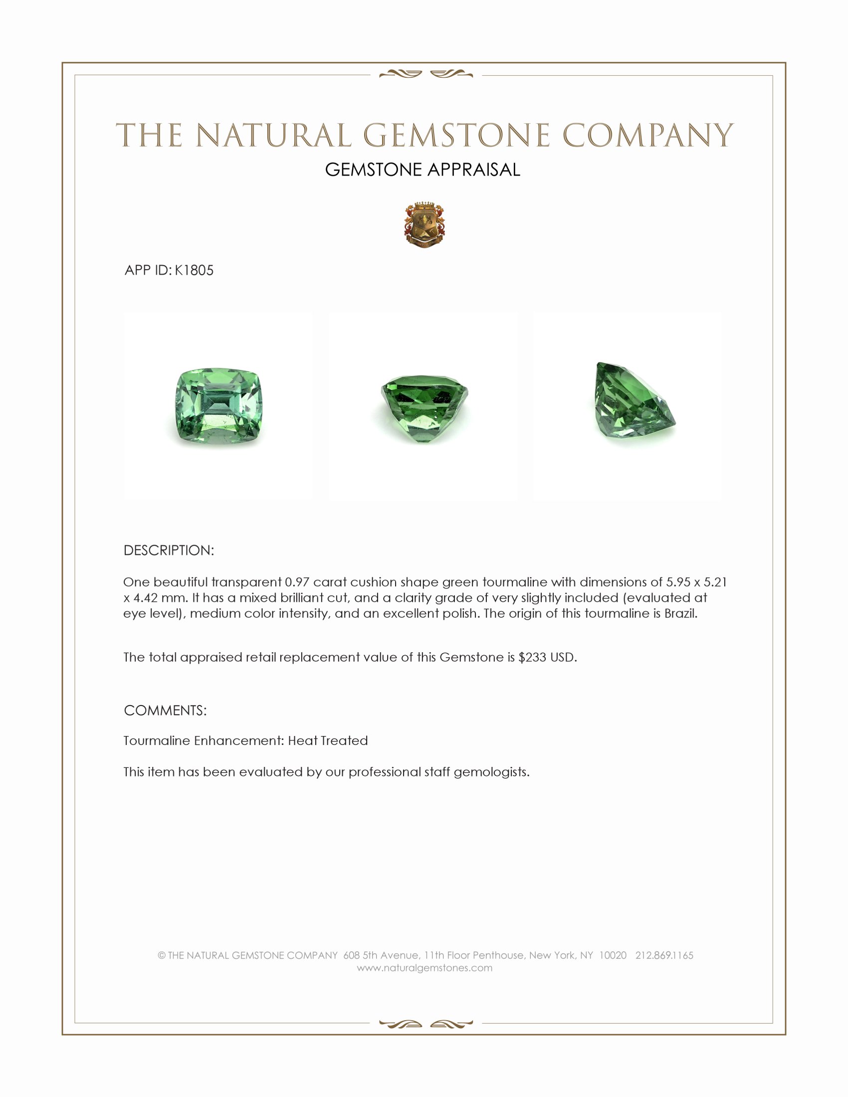 0.97 Ct. Green Tourmaline from Brazil