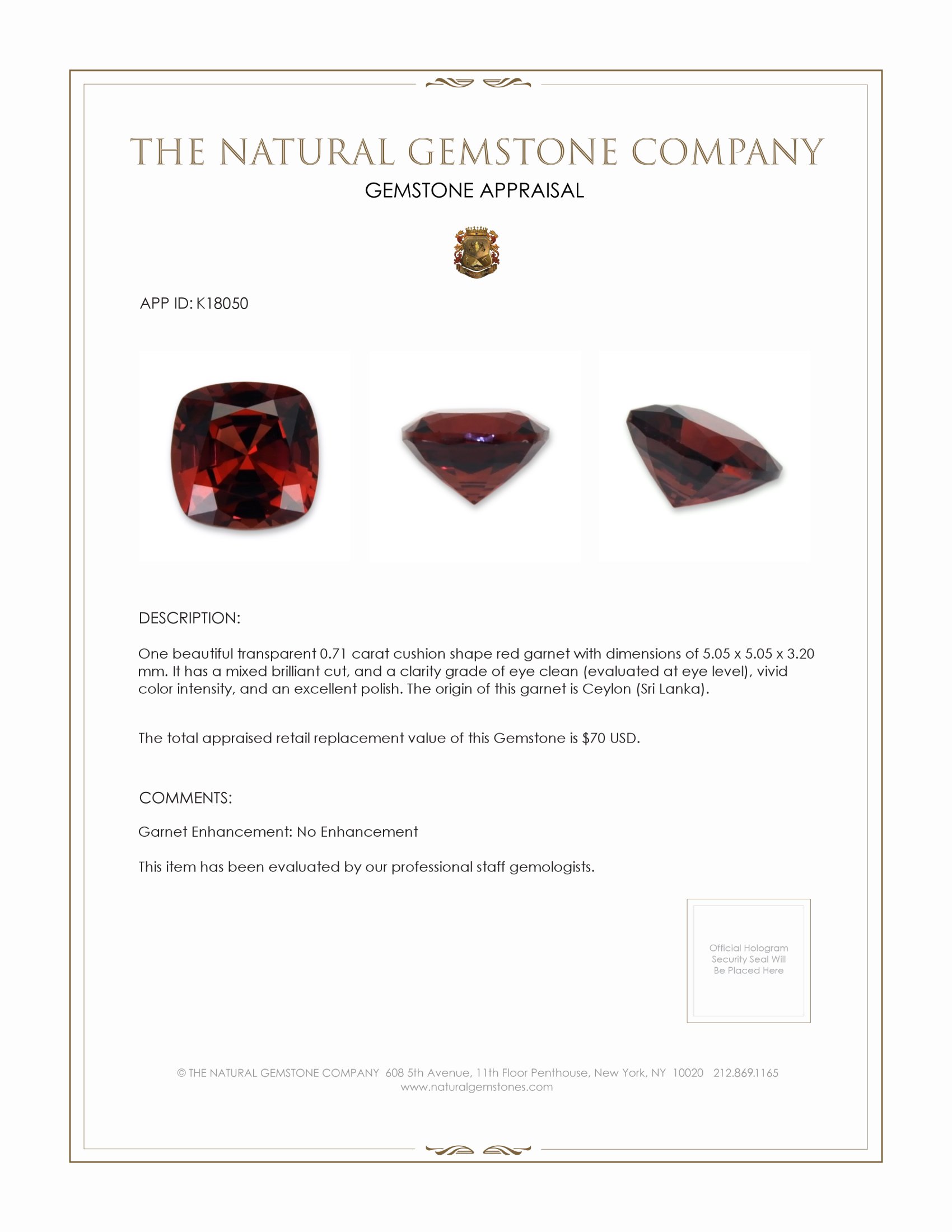 0.71 Ct. Garnet from Ceylon (Sri Lanka)