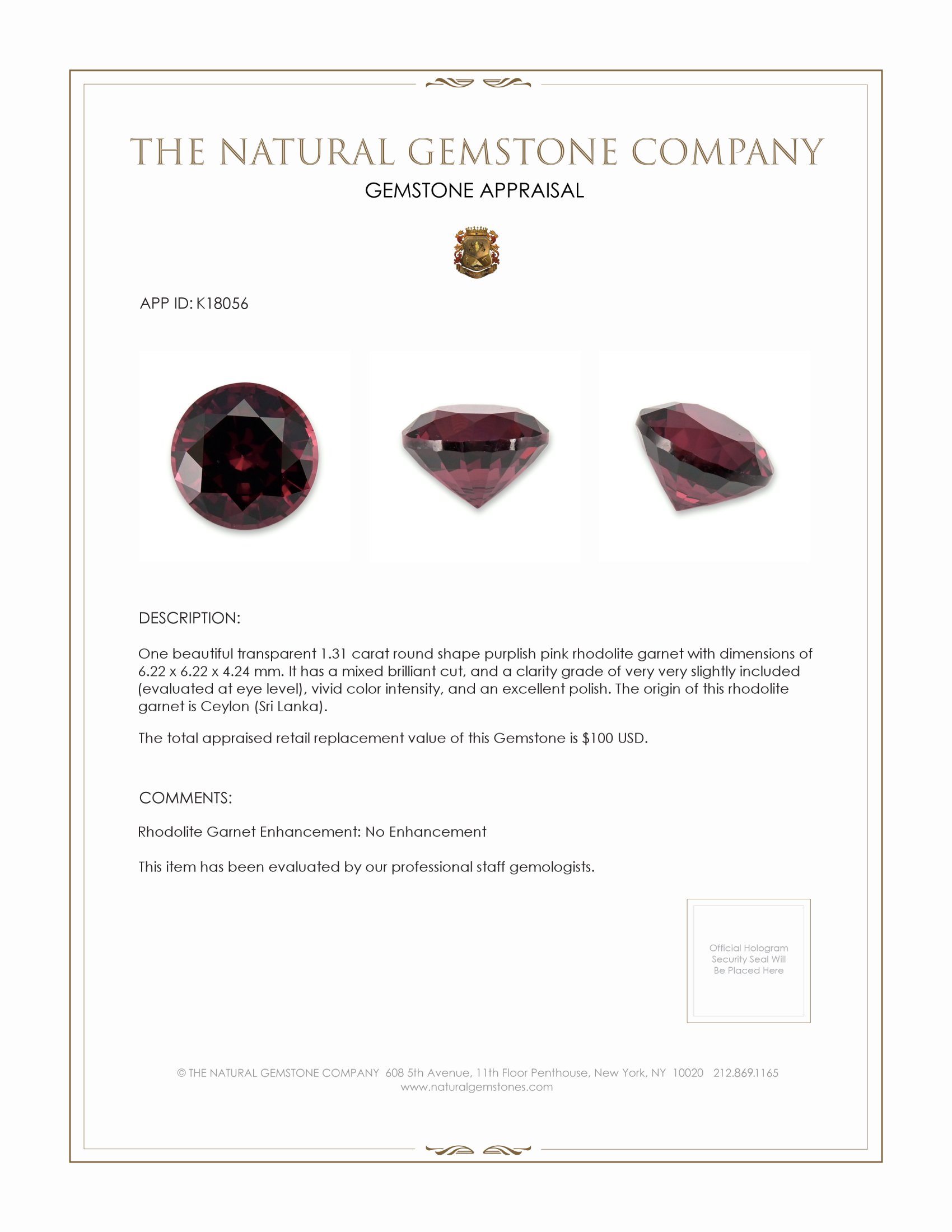 1.31 Ct. Rhodolite Garnet from Ceylon (Sri Lanka)