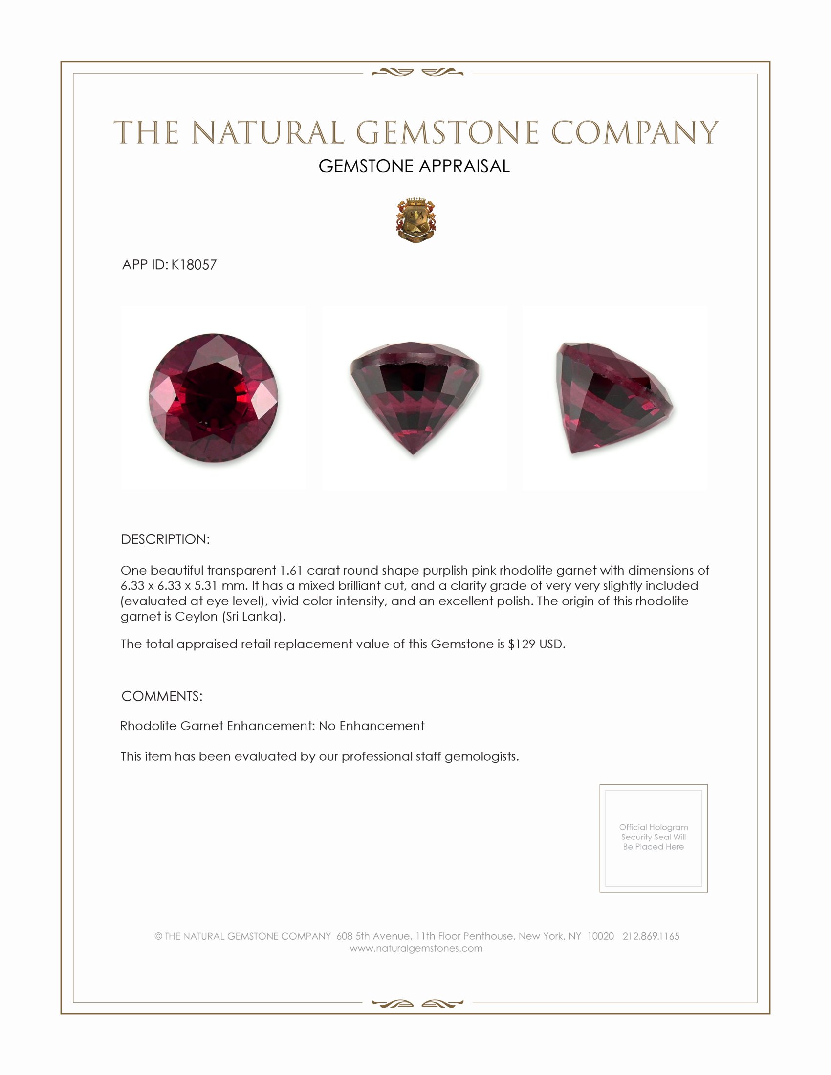 1.61 Ct. Rhodolite Garnet from Ceylon (Sri Lanka)