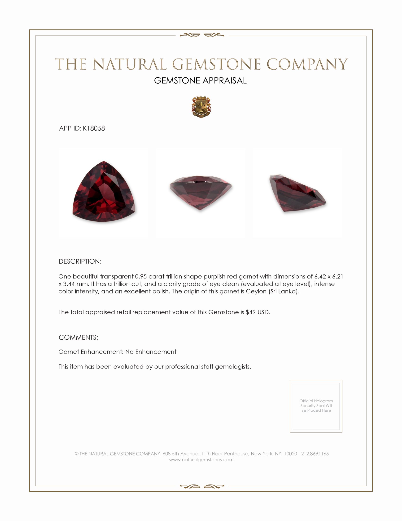 0.95 Ct. Garnet from Ceylon (Sri Lanka)