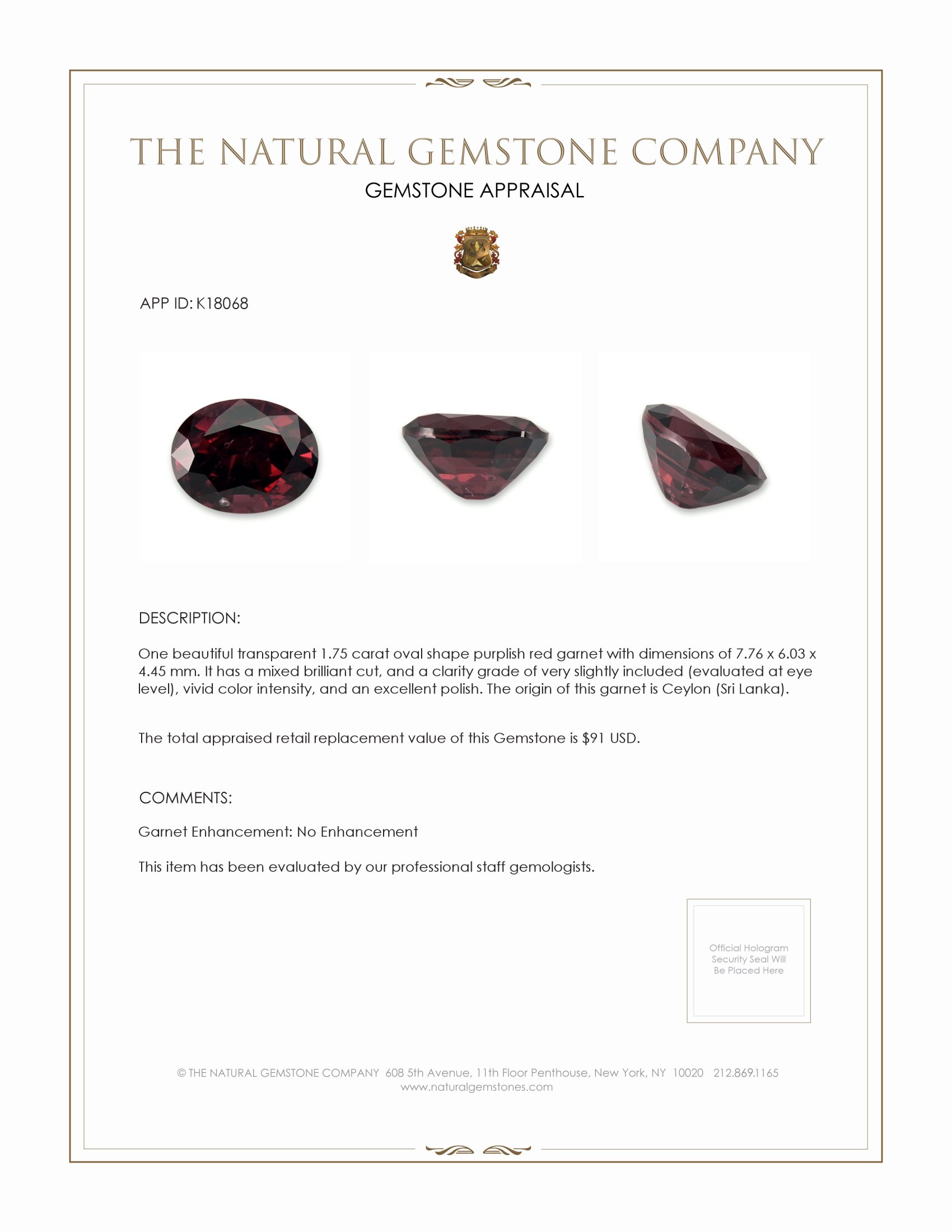 1.75 Ct. Garnet from Ceylon (Sri Lanka)