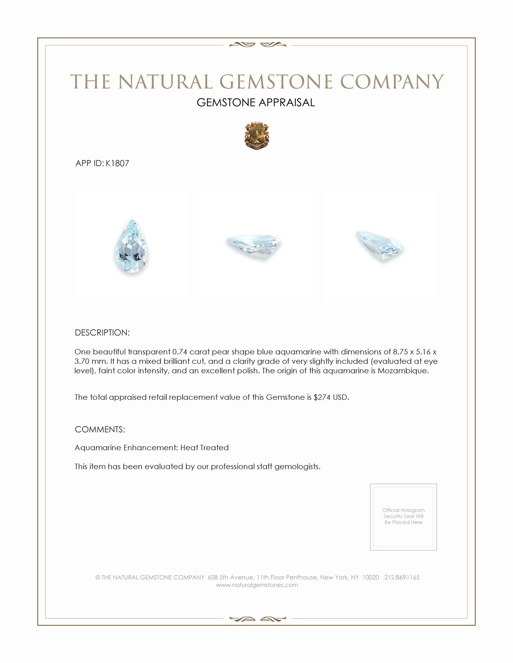 0.74 Ct. Aquamarine from Mozambique