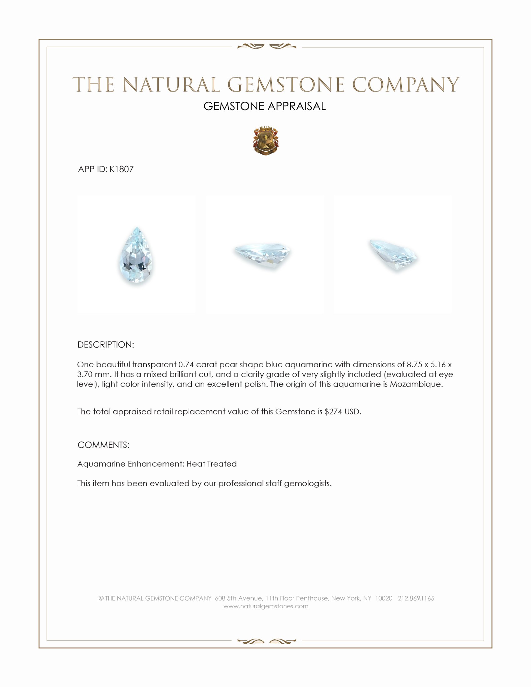 0.74 Ct. Blue Aquamarine from Mozambique